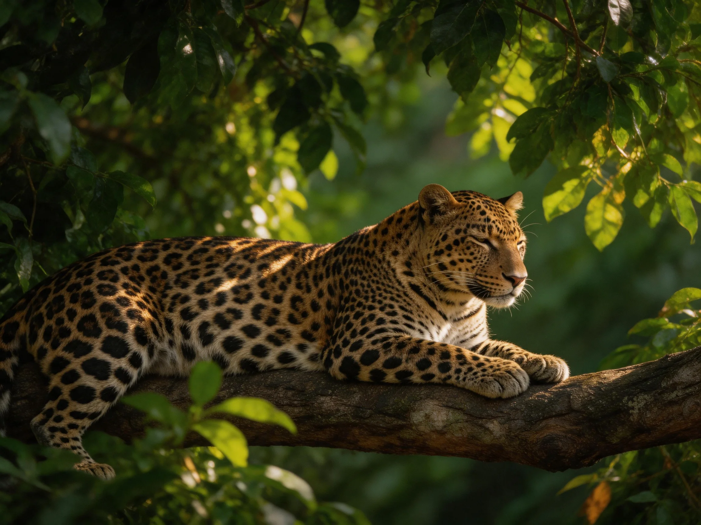 A leopard relaxes on a tree branch in a verdant forest setting.