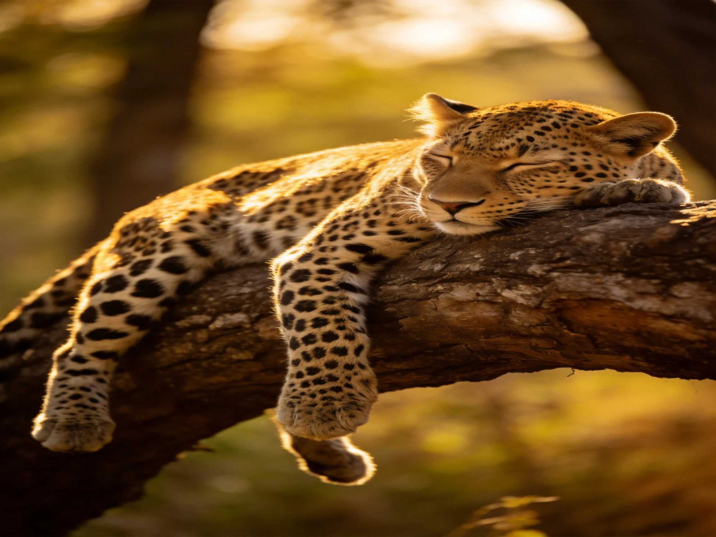 A leopard peacefully sleeps on a large tree branch in a sunlit environment.