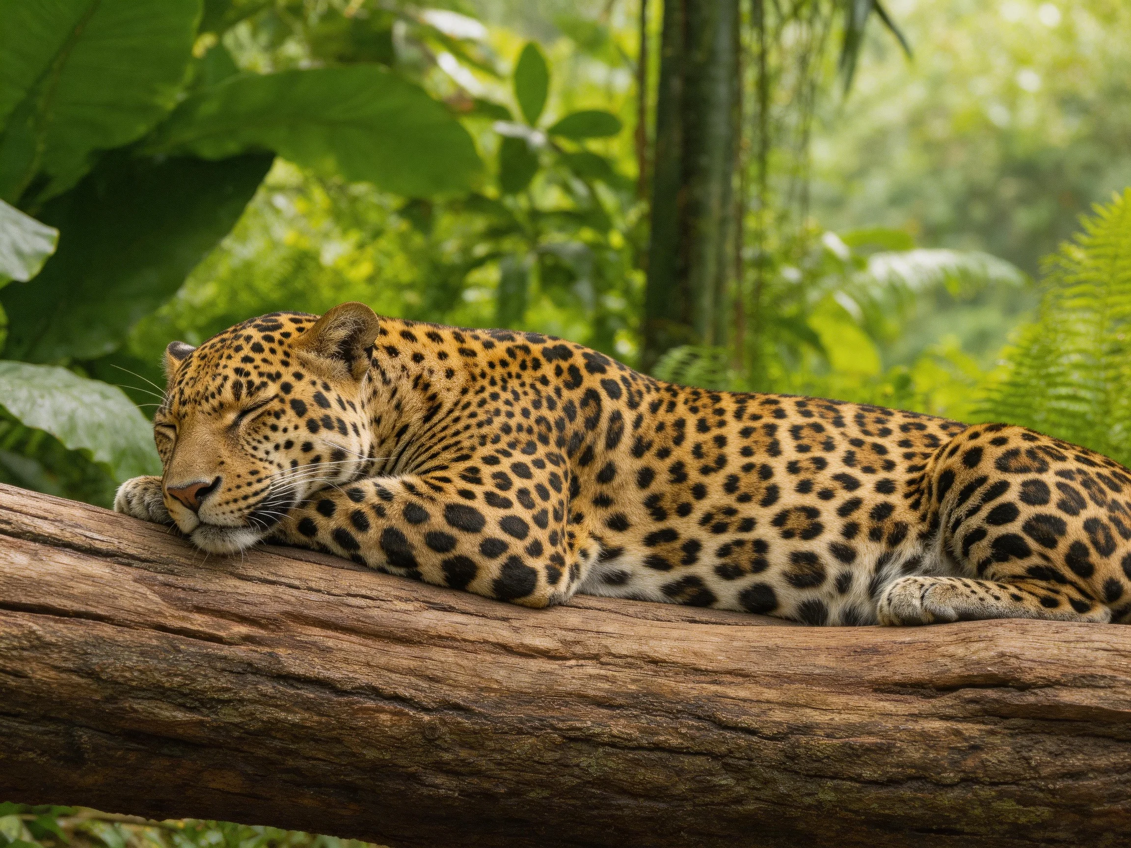 A leopard sleeps peacefully on a wooden log surrounded by dense green plants.