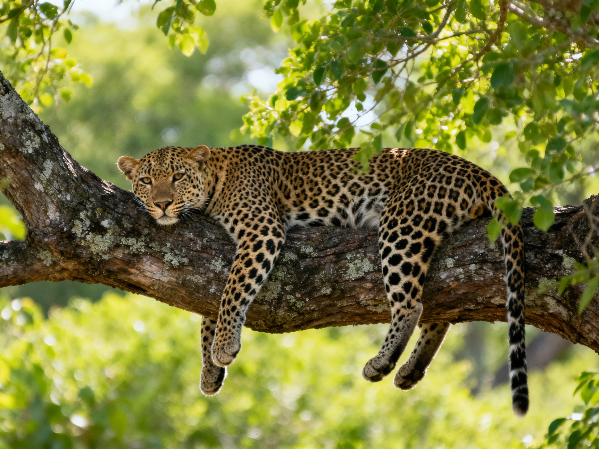 A leopard rests on a moss-covered tree branch amid lush green foliage