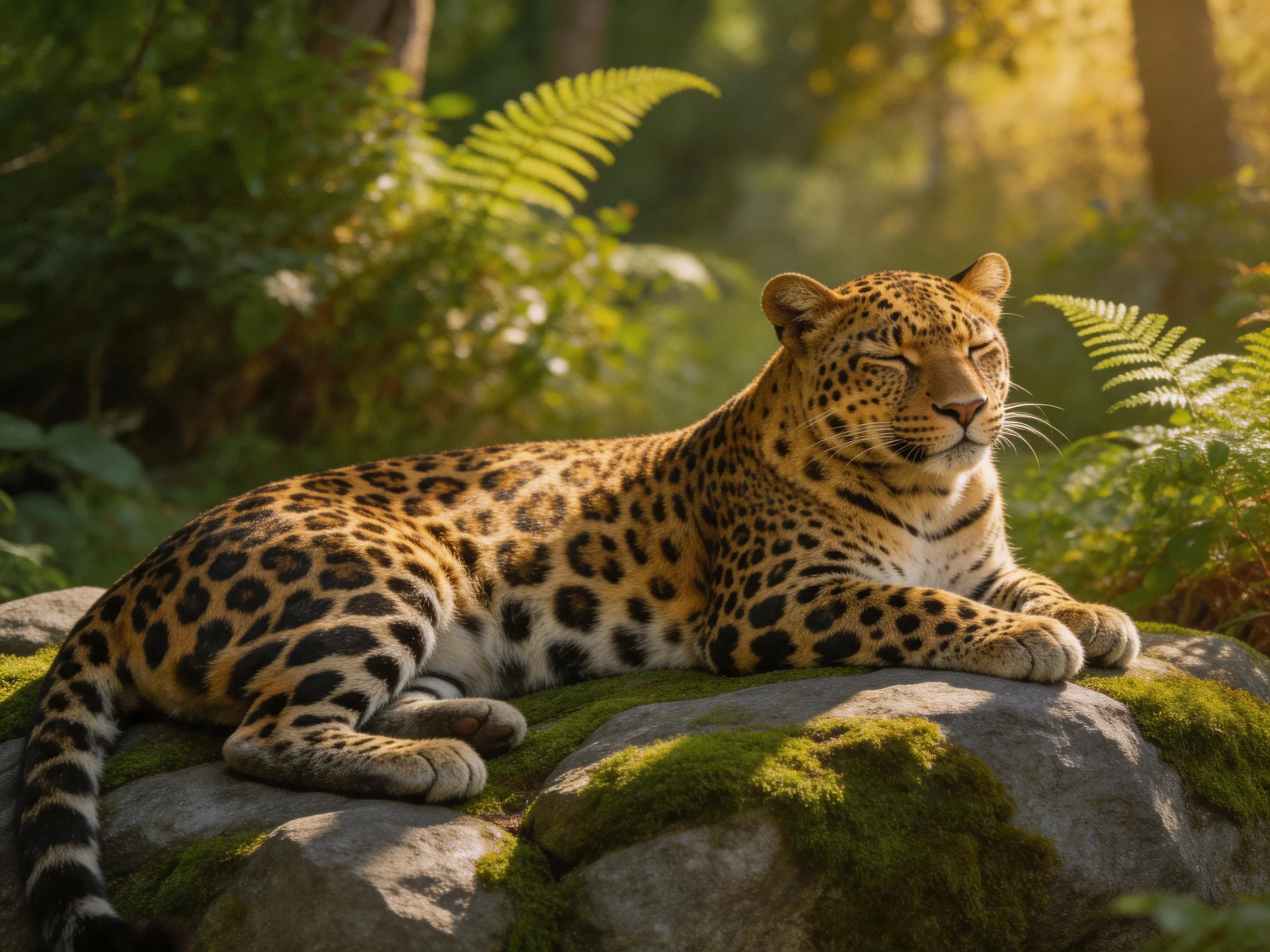 A leopard rests on a mossy rock in a sun-dappled forest