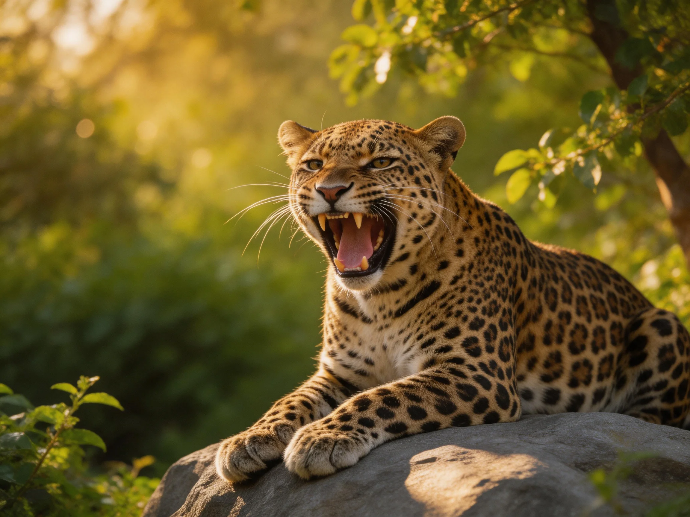 A leopard lies on a rock surrounded by greenery under warm sunlight.