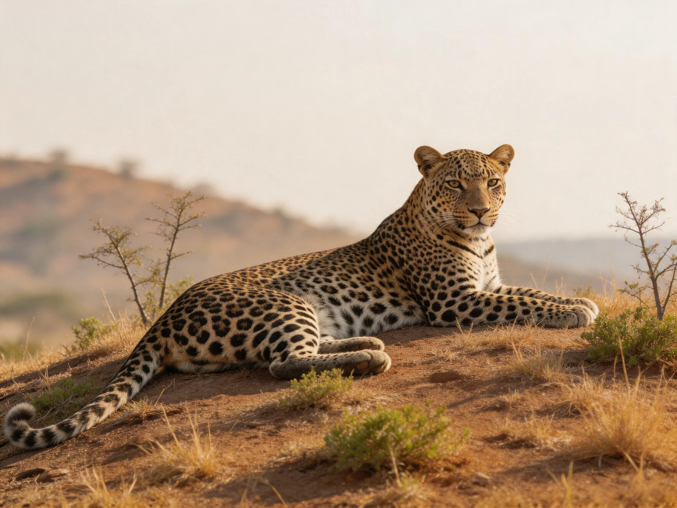 A leopard rests on a sun-baked hillside with golden grasses