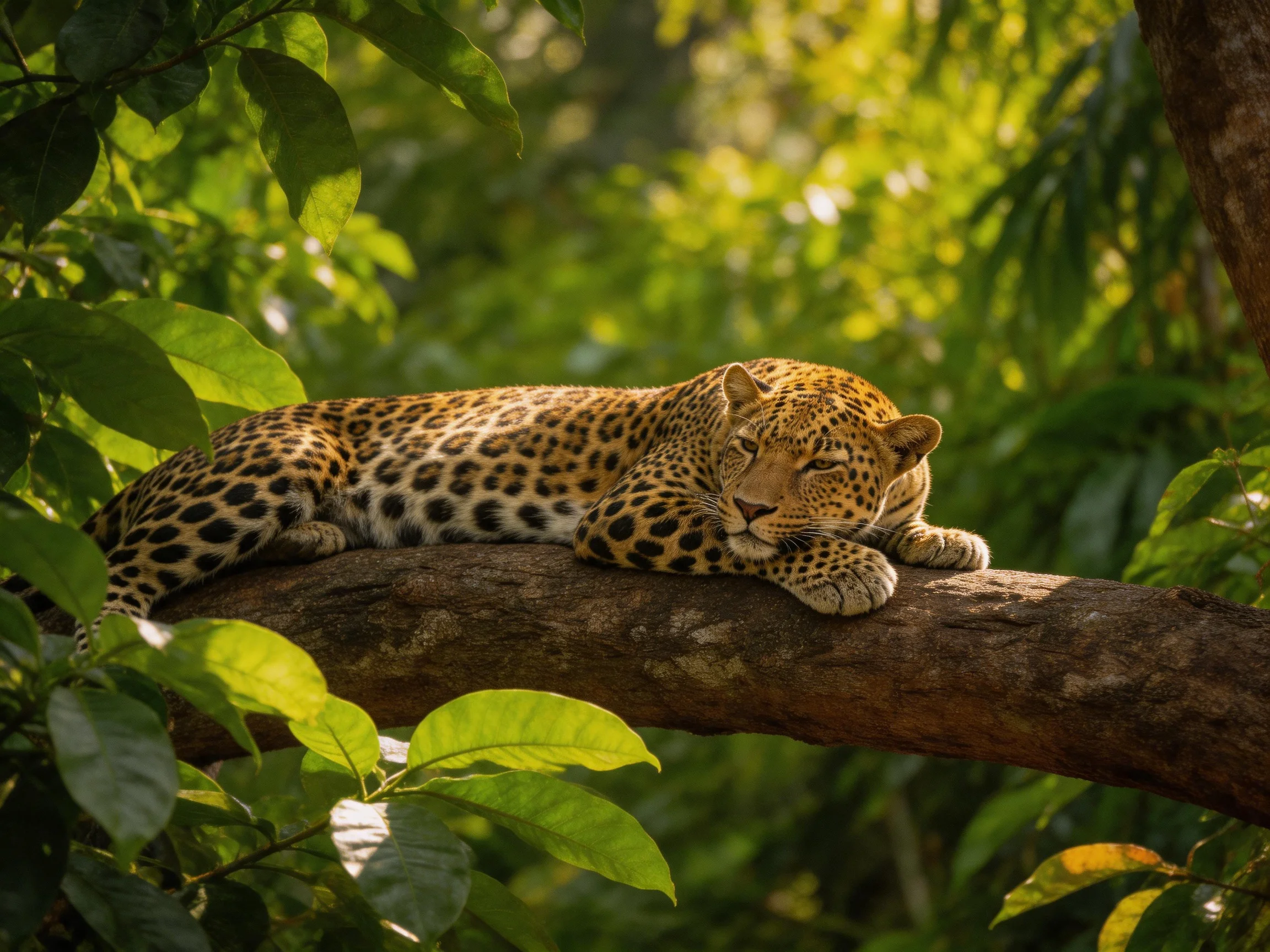 A leopard relaxes on a tree branch surrounded by dense greenery