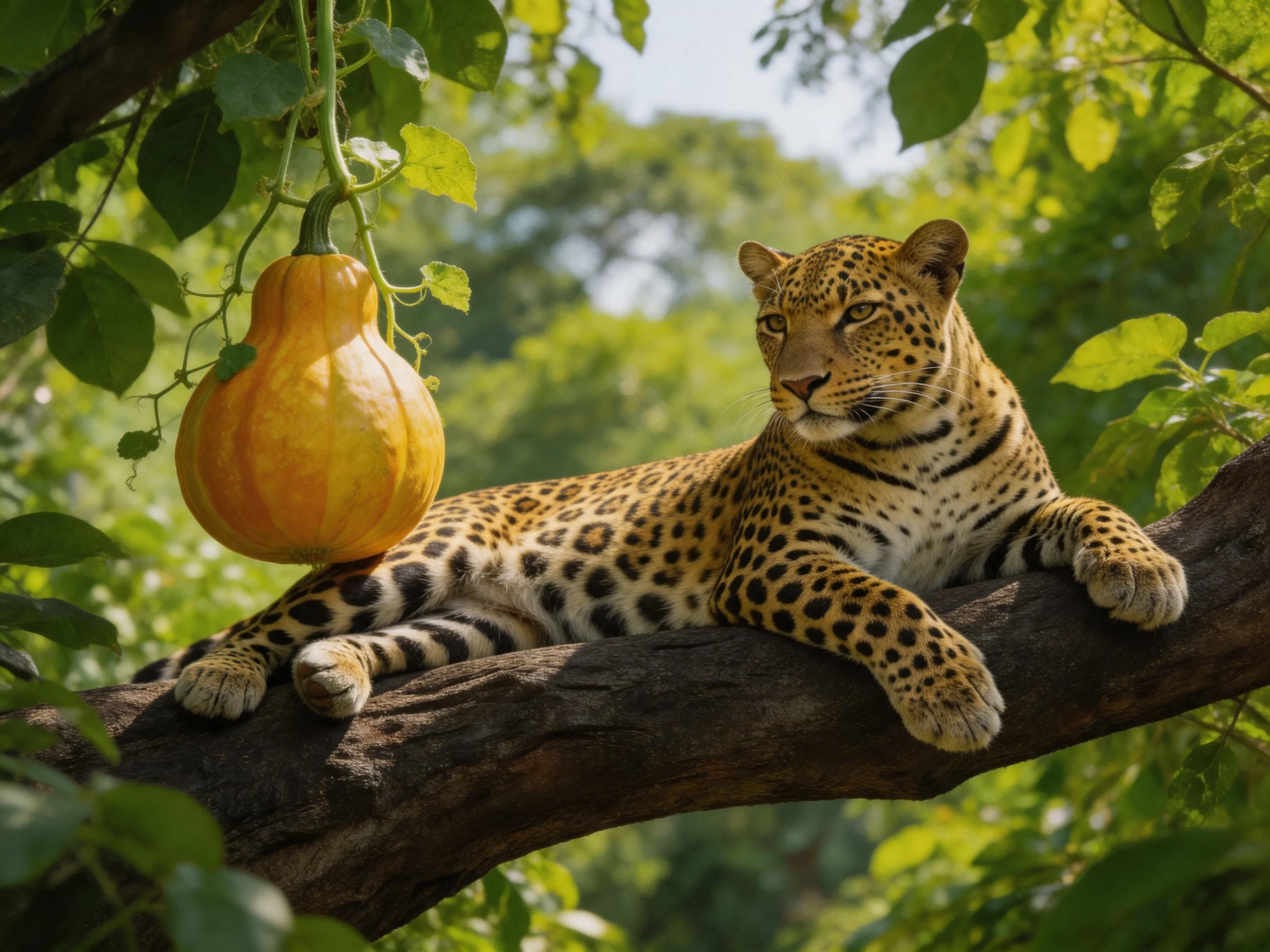 A leopard relaxes on a tree branch beside a large yellow gourd.