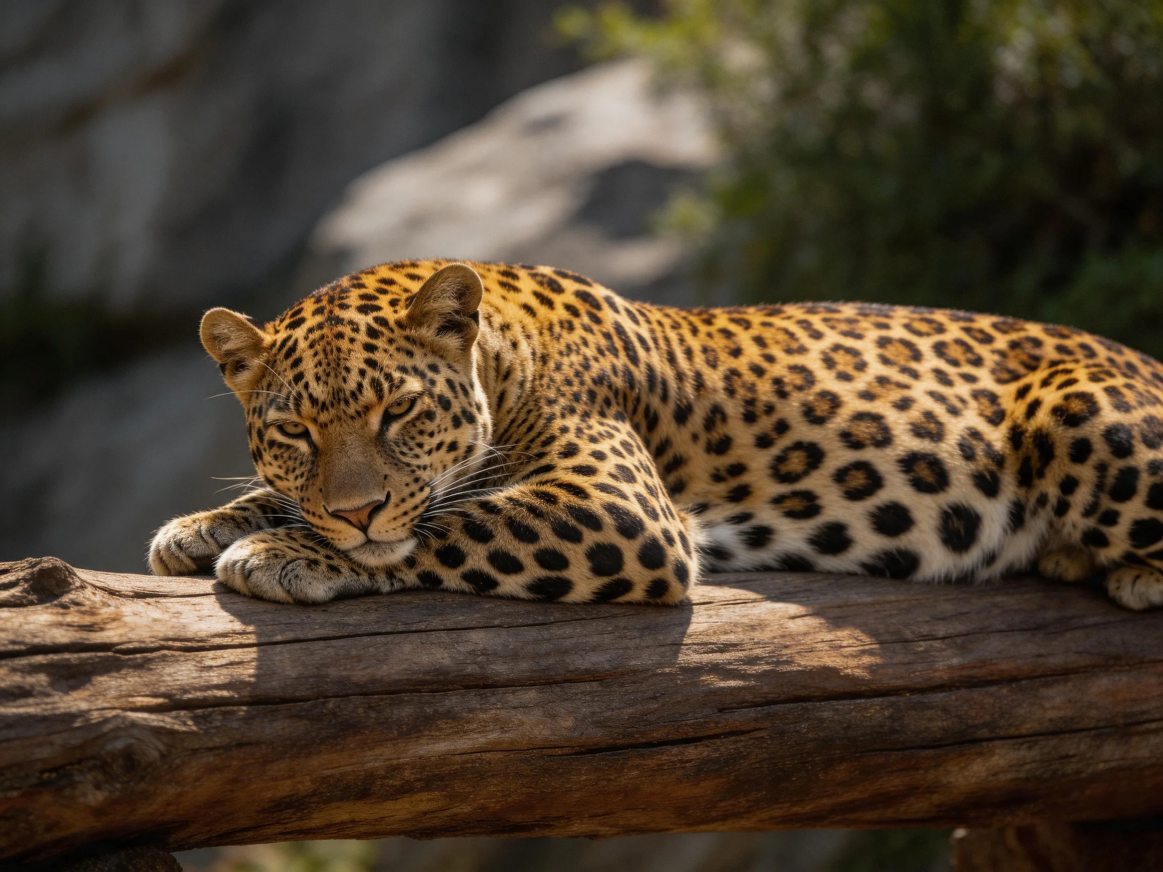 A leopard relaxes on a wooden log within a natural environment.