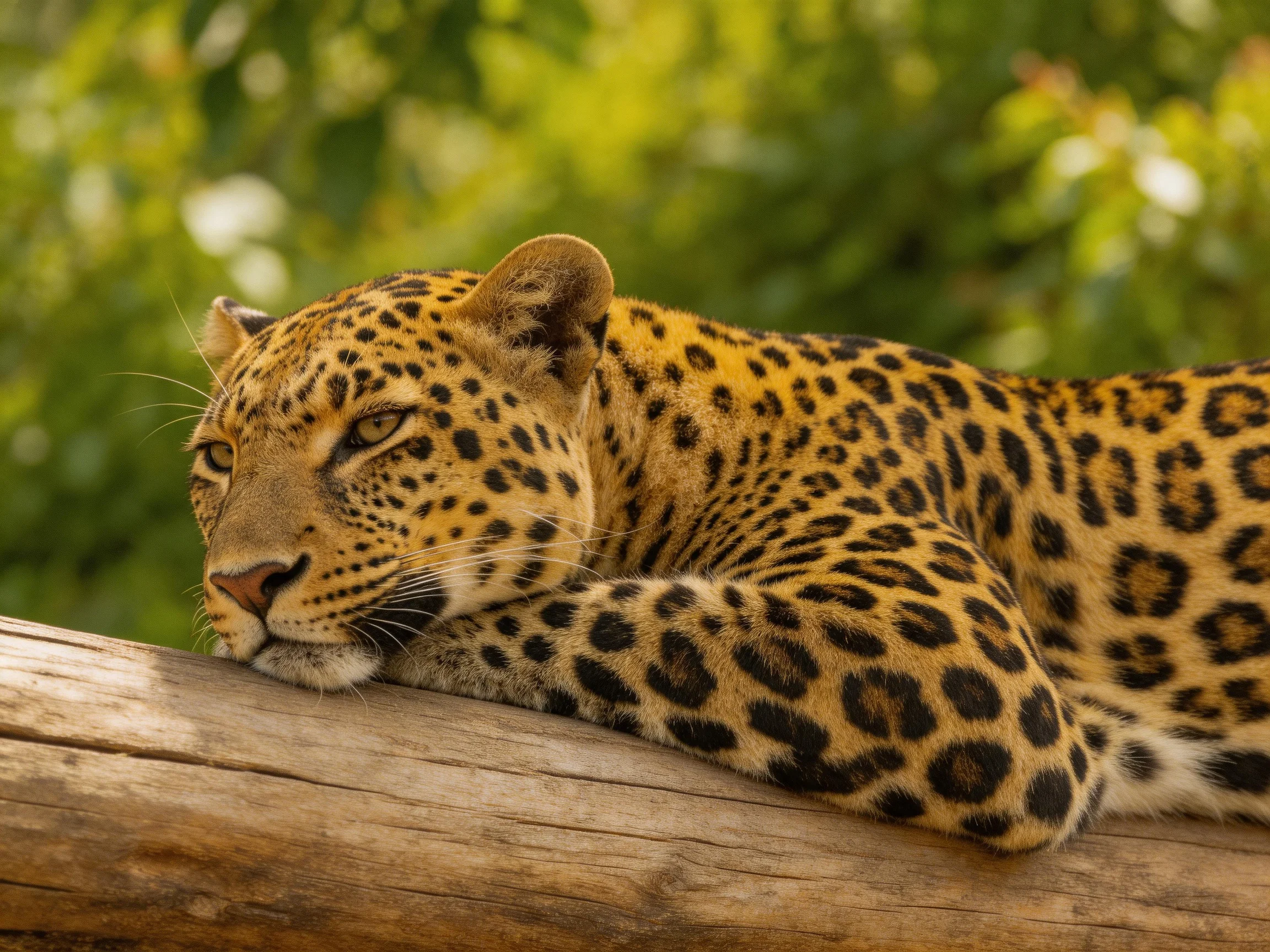 A leopard rests on a log amidst green foliage.