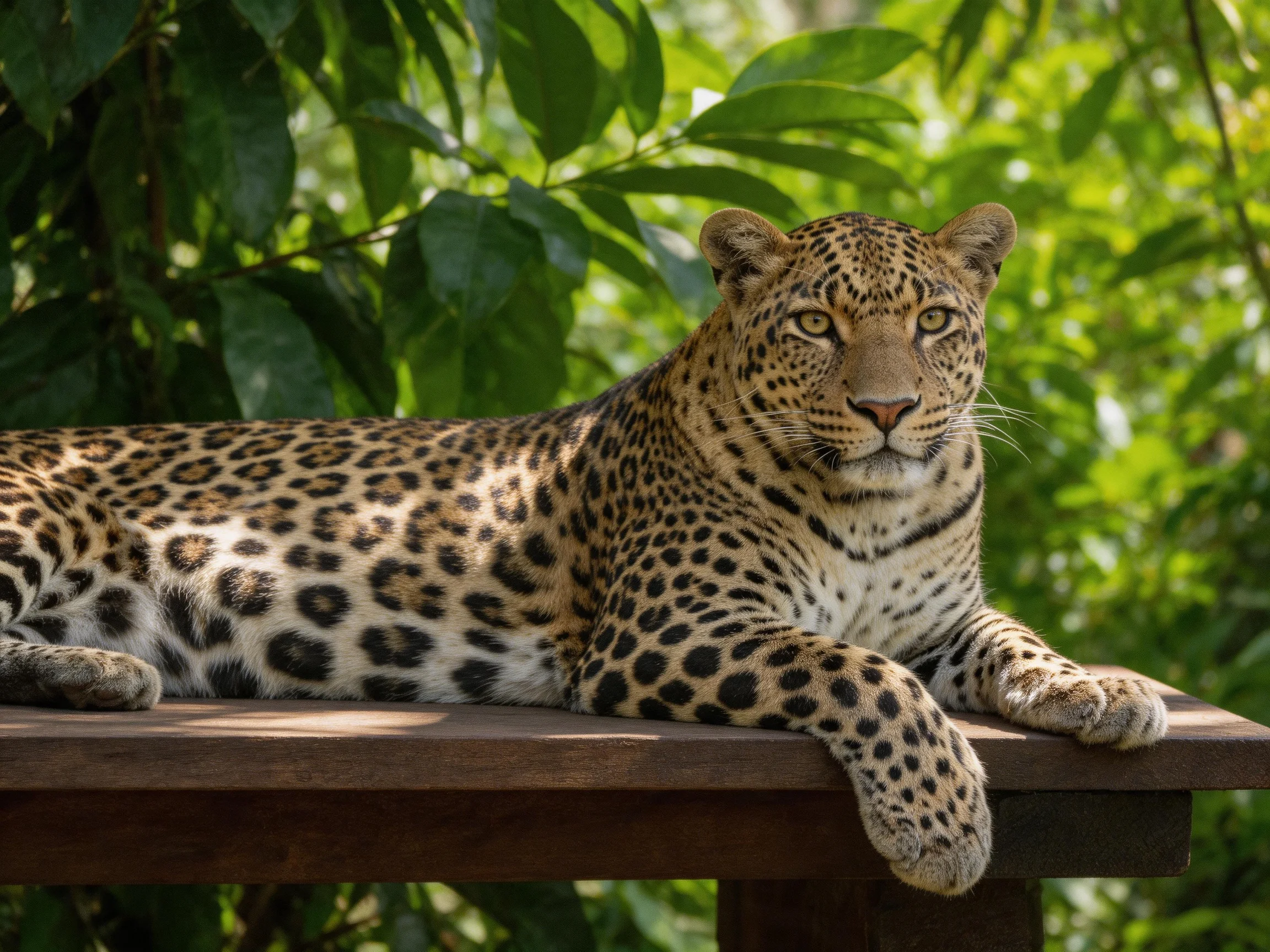 A leopard rests on a wooden platform amid lush green foliage
