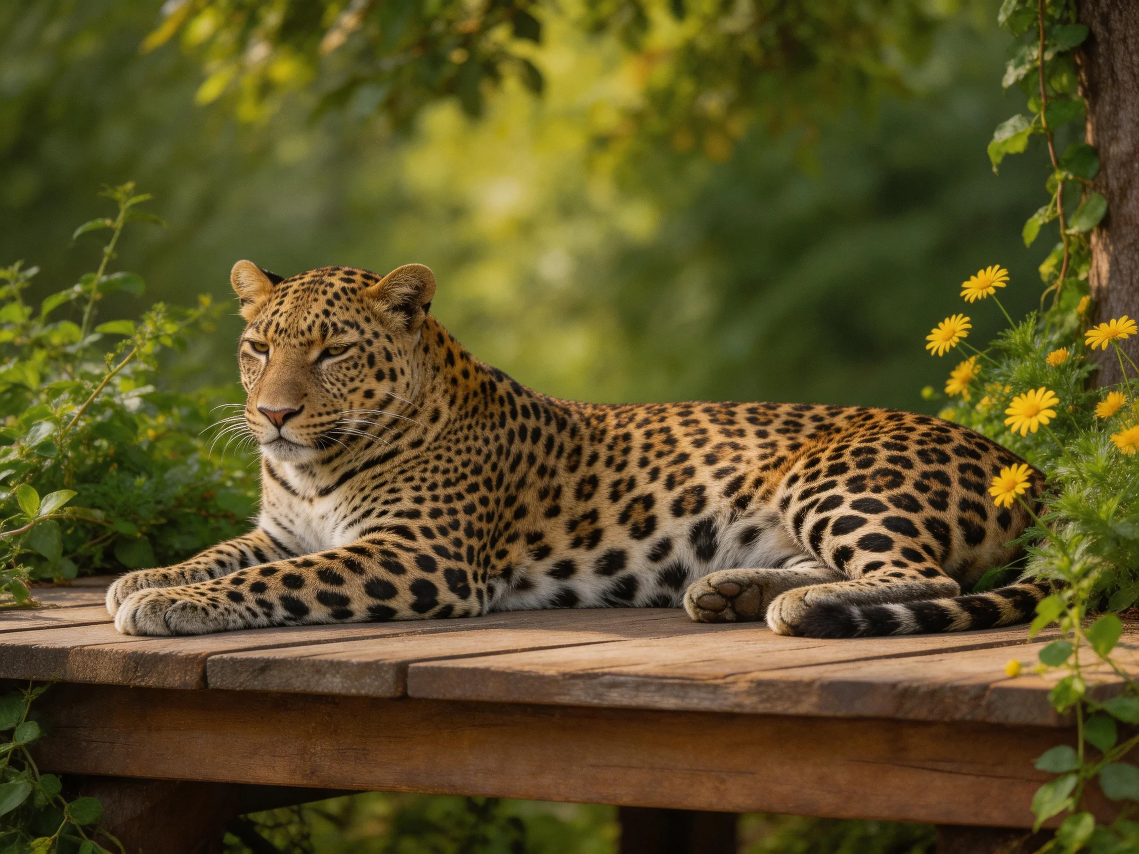 A leopard rests on a wooden platform amid lush greenery and yellow blooms