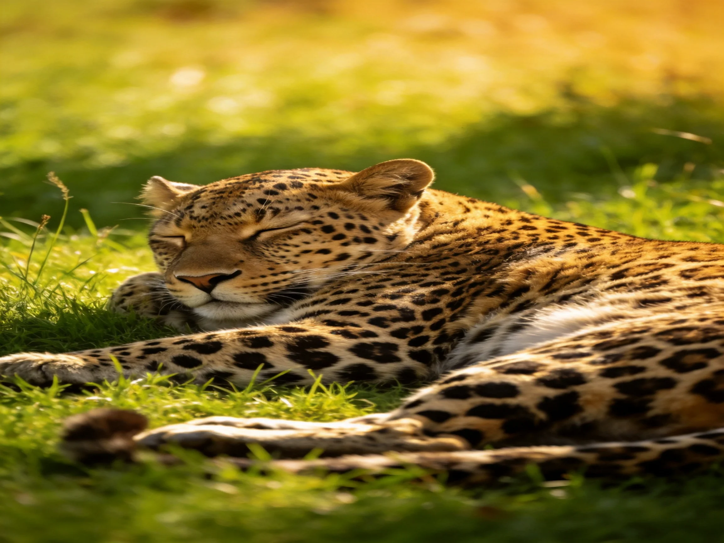 A leopard sleeps peacefully on vibrant grass in a sunlit setting.