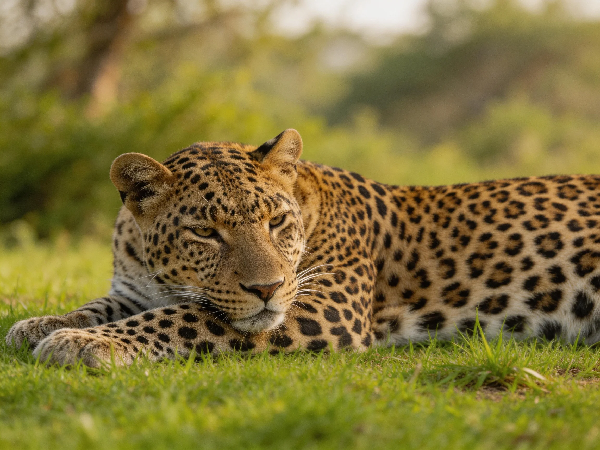 A leopard relaxes on green grass in a natural setting