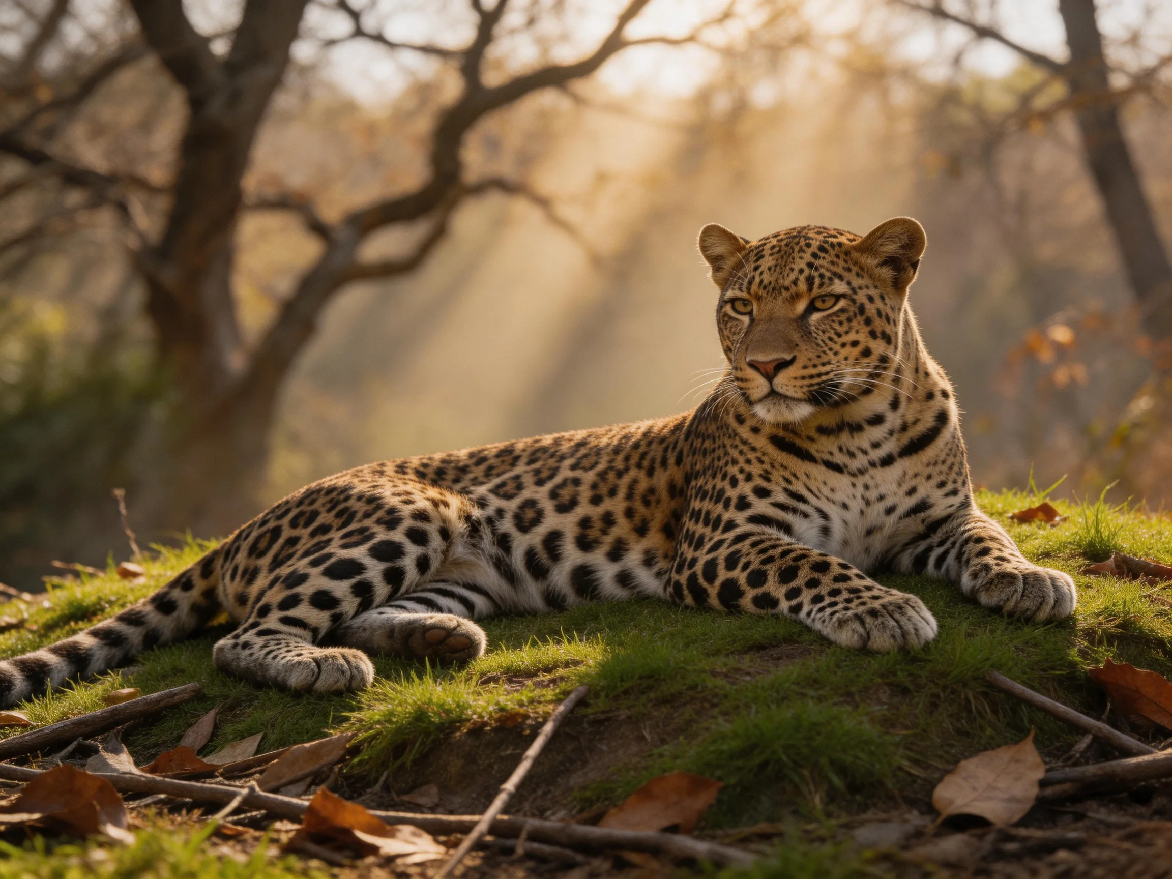 A leopard rests on mossy ground amid sunlit trees
