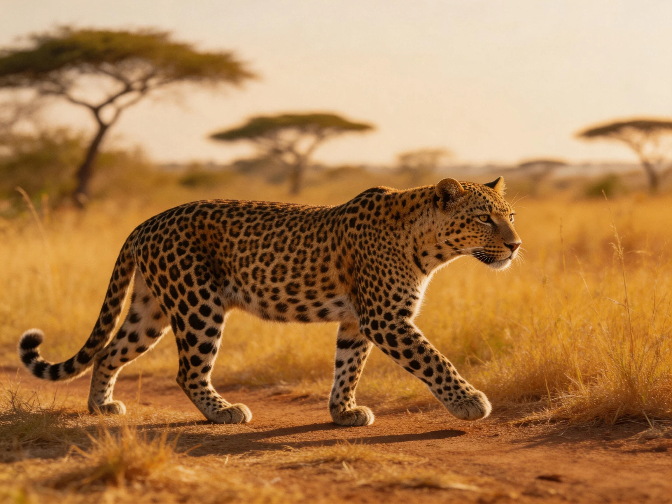 A leopard walks through golden savannah grass near acacia trees.