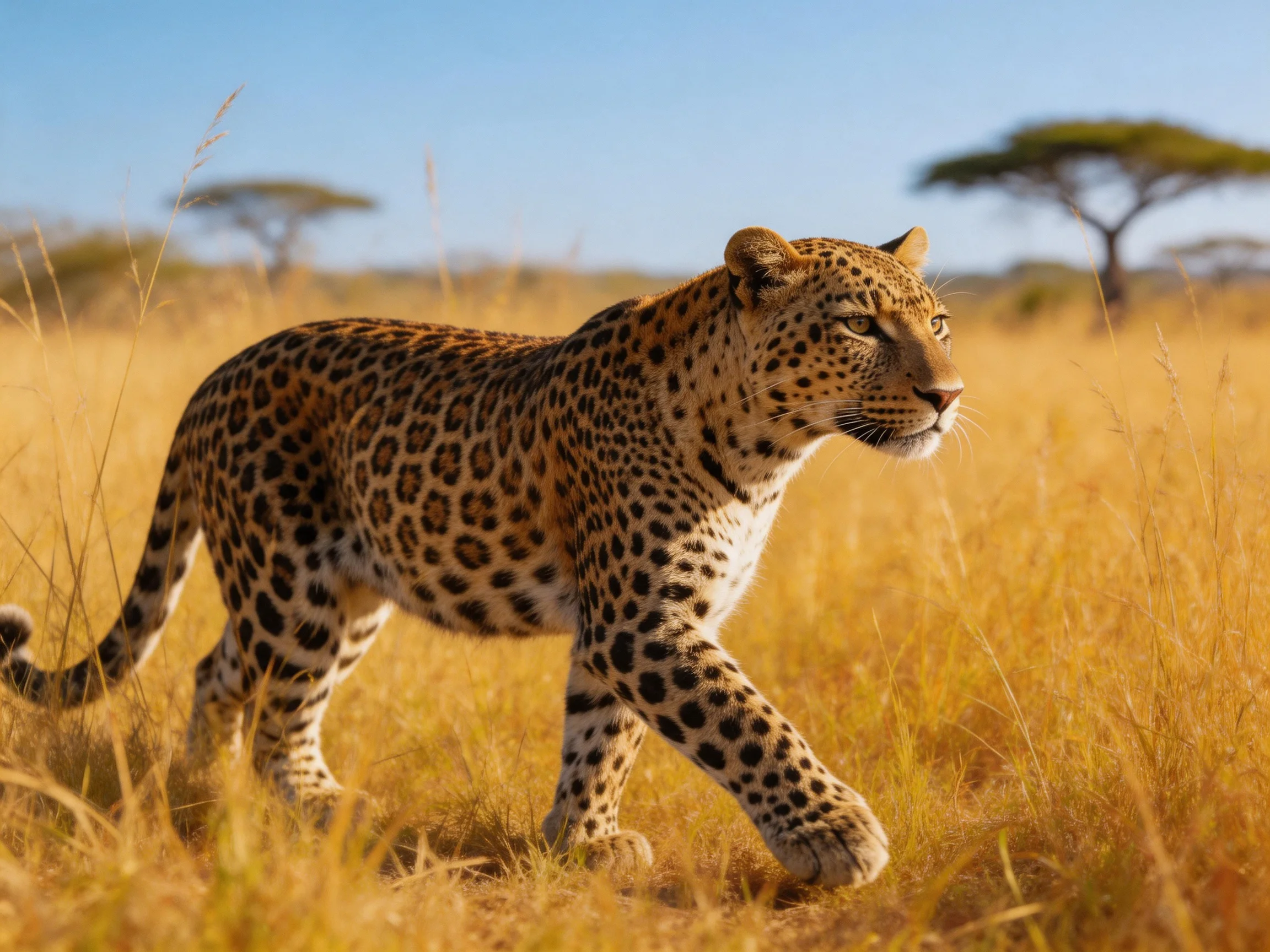 A leopard roams golden savannah grasslands under clear blue sky
