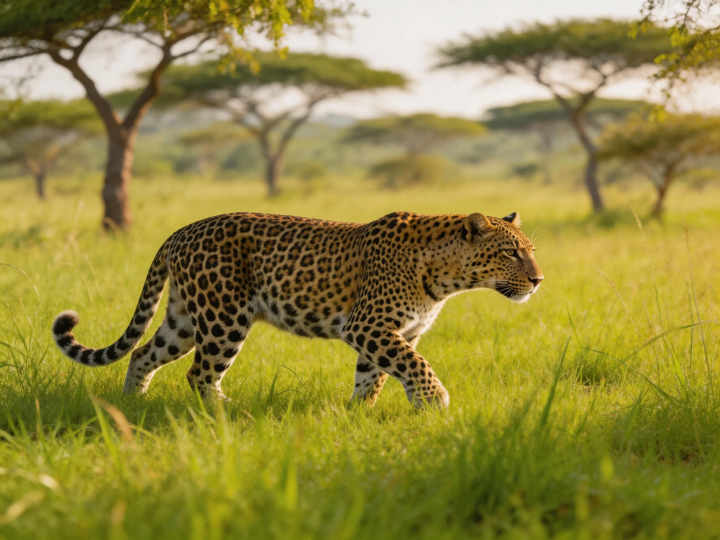 A leopard moves through tall green savannah grass