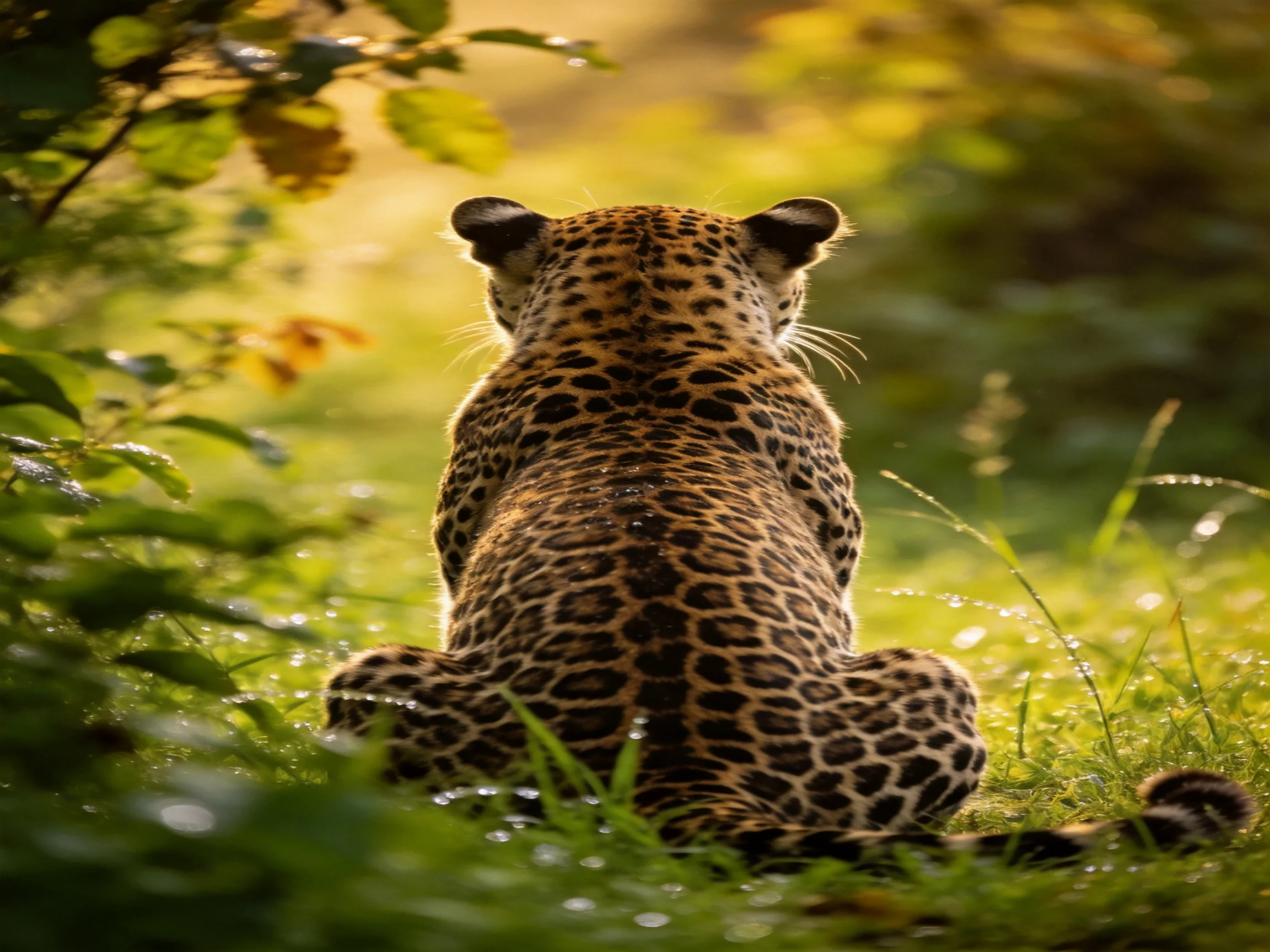 A leopard sits calmly among dense greenery in a sunlit environment.