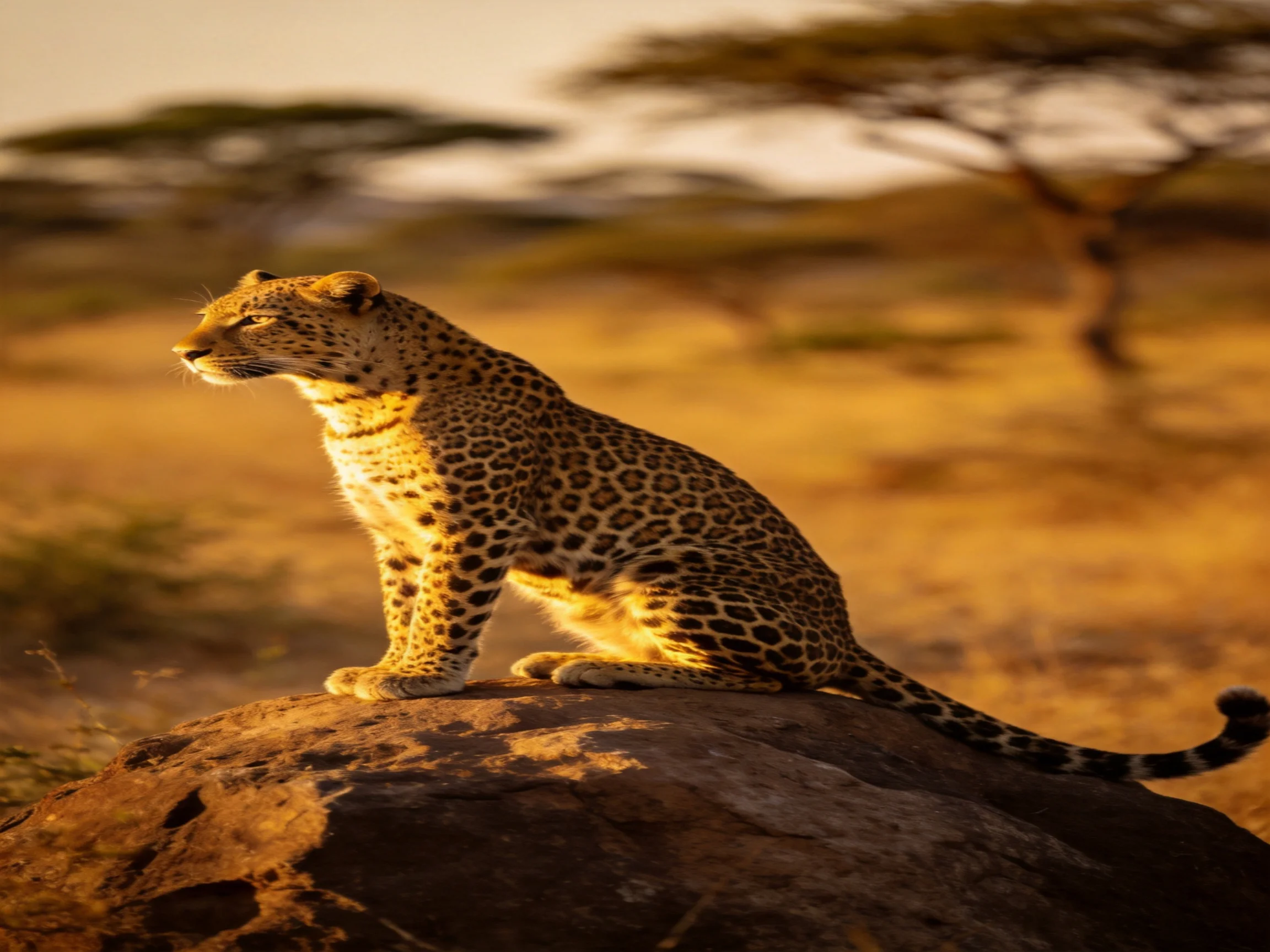 A leopard perches on a rock, surveying the golden savannah landscape.