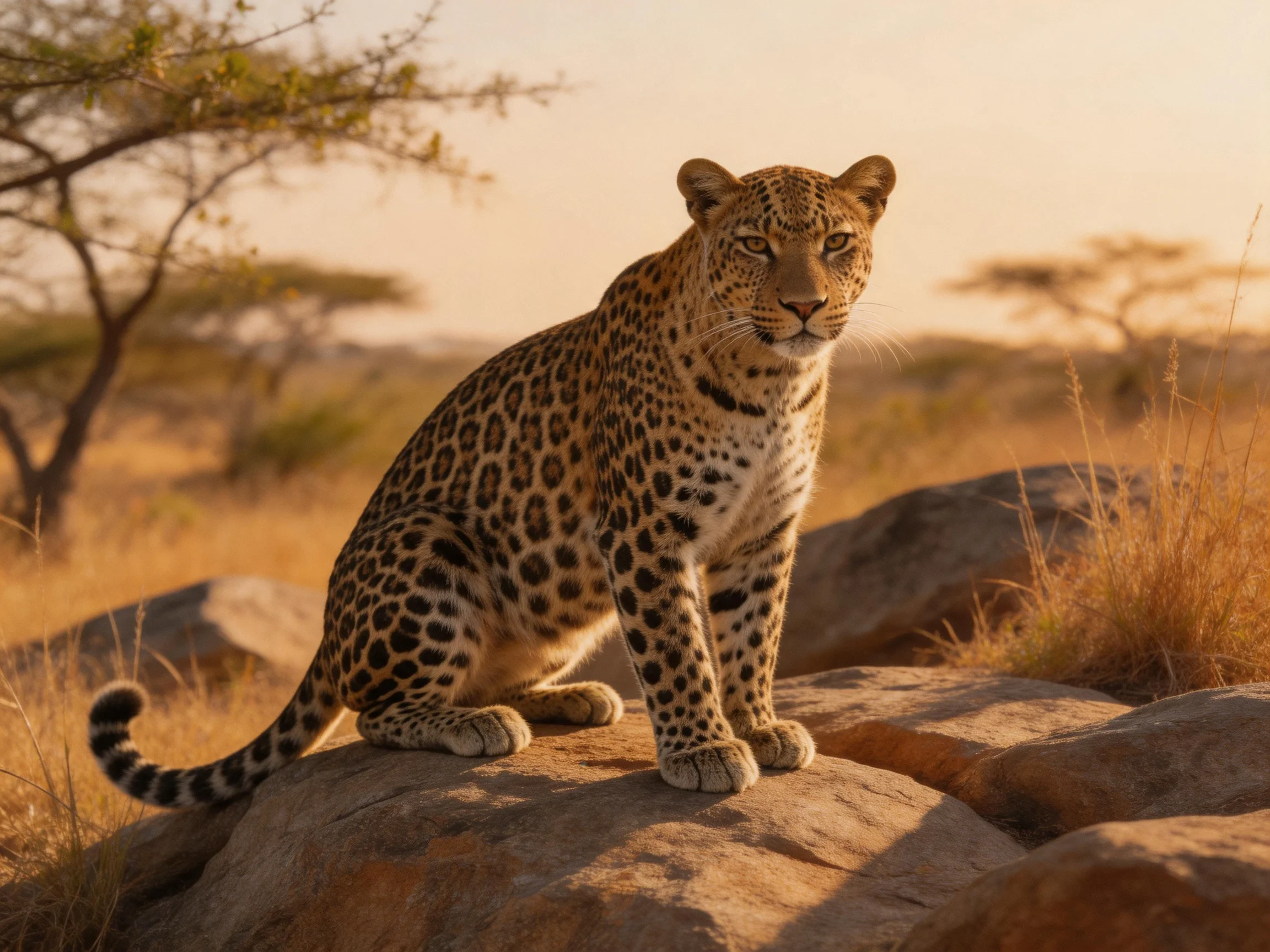 A leopard sits on rocks in a sunlit savannah with golden vegetation.