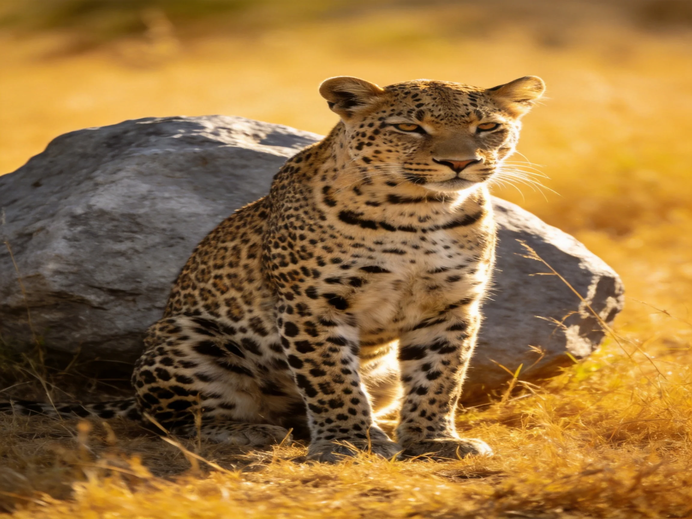 A leopard sits near a large rock in a sunlit savannah