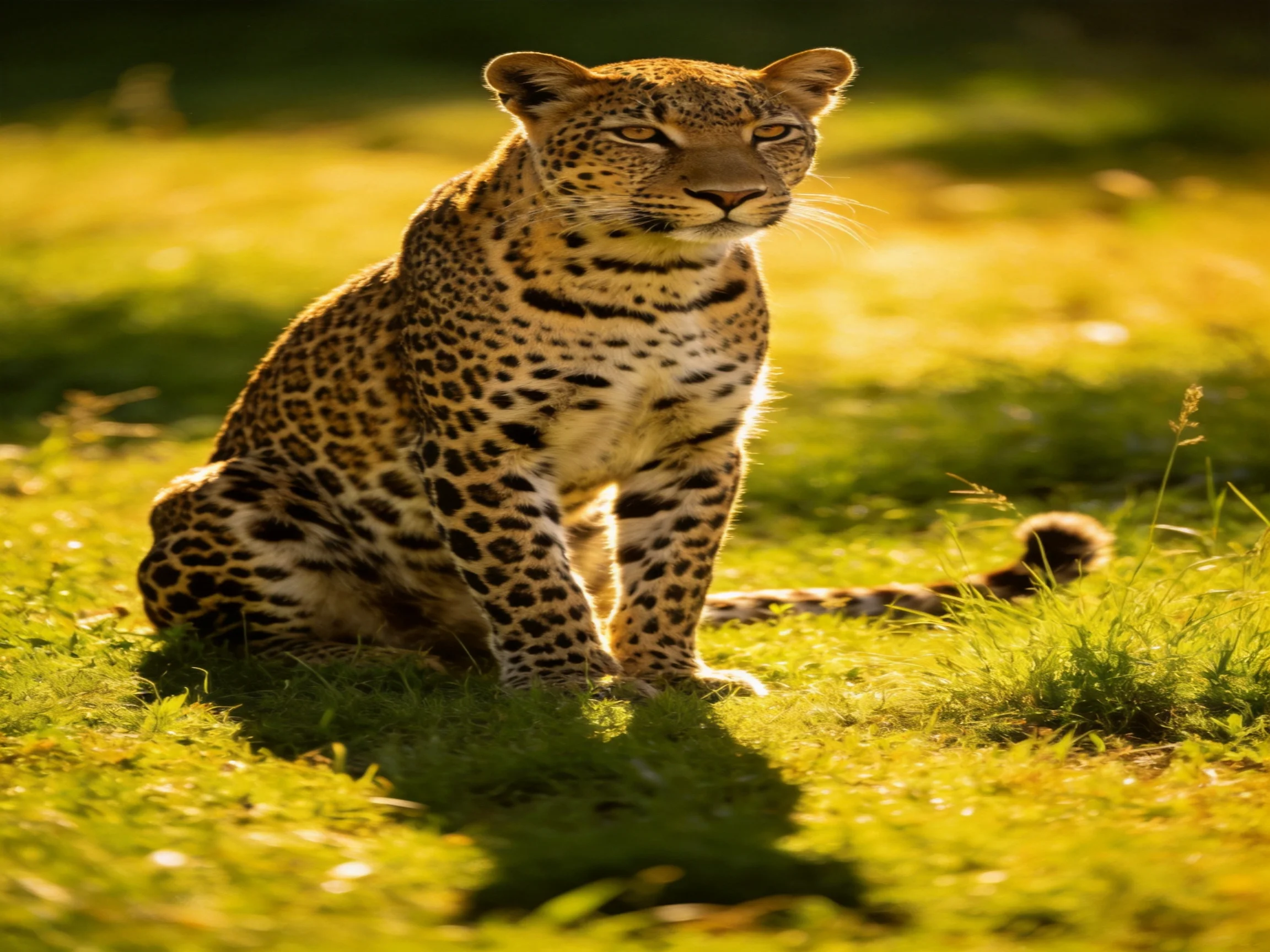 A leopard rests calmly on sunlit green grass in a natural setting.