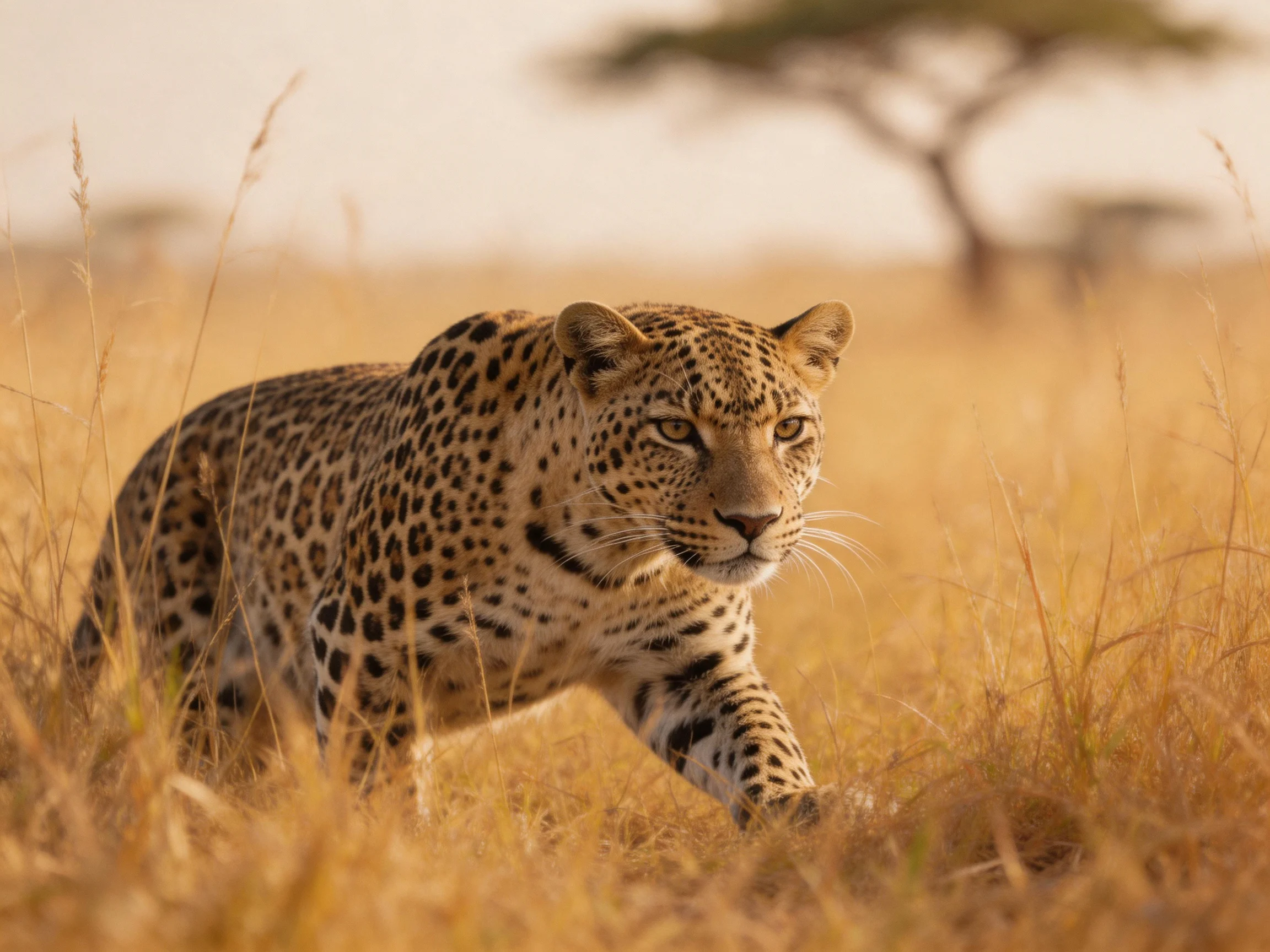 A leopard stalks through golden savannah grass near acacia trees