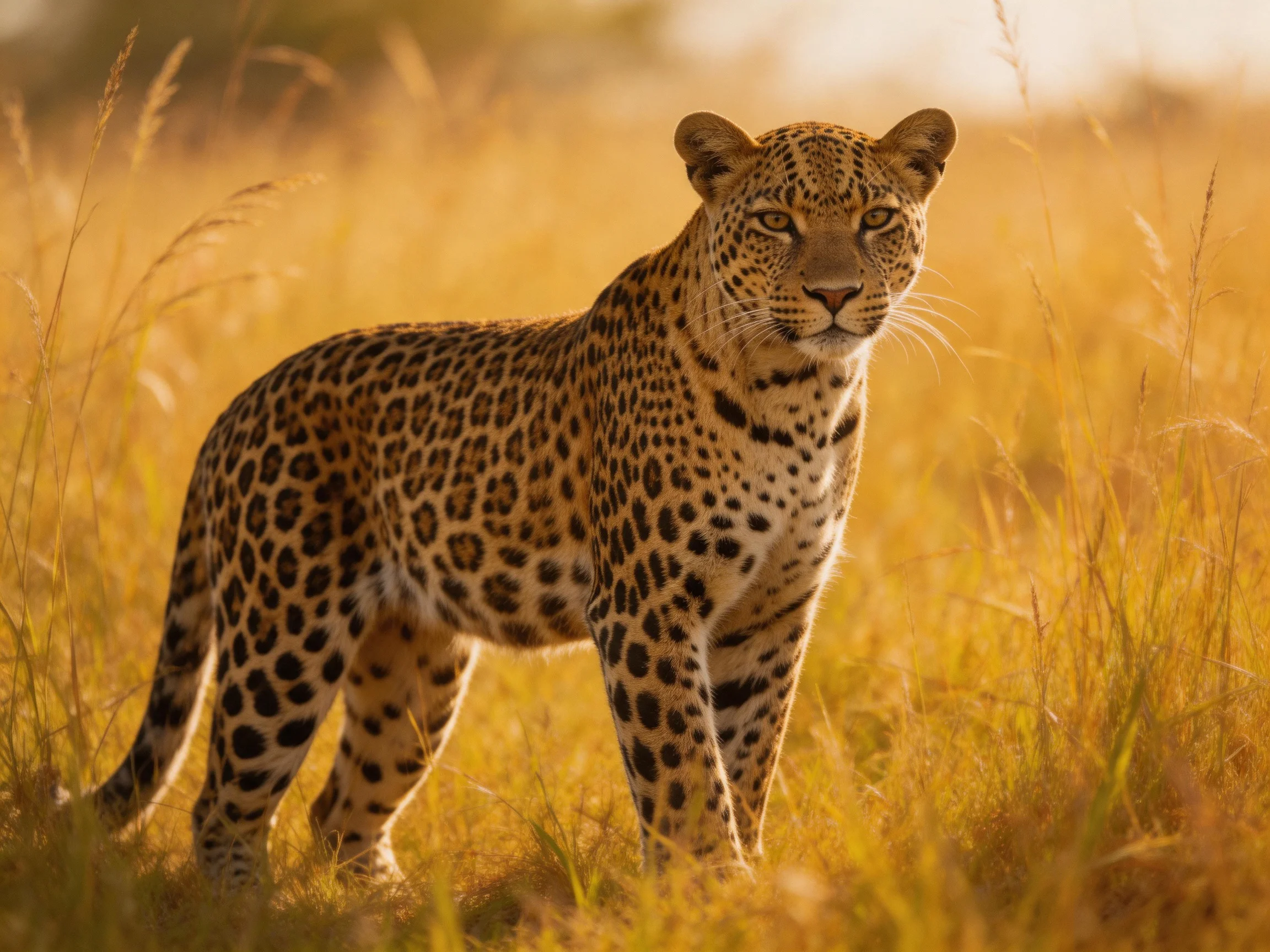 A leopard stands alert amid tall golden grasses in a sunlit landscape.