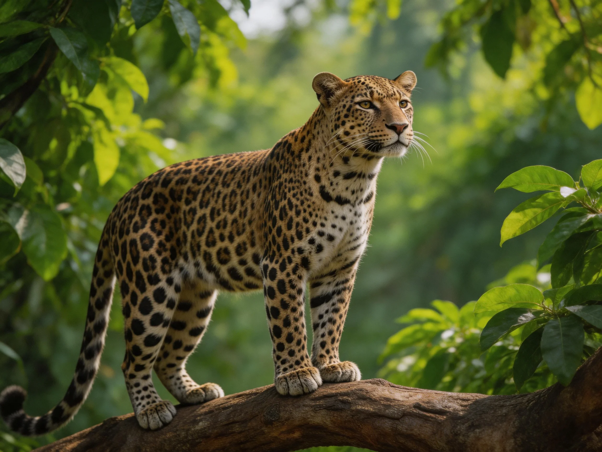 A leopard stands on a brown tree branch amid lush green foliage
