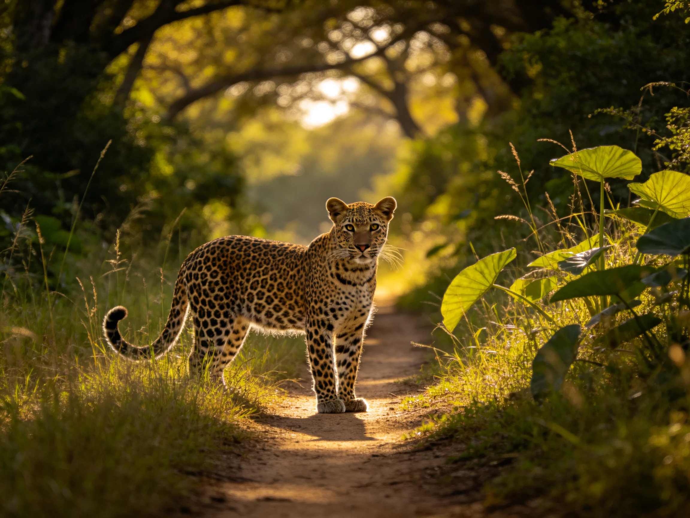 A leopard stands on a sunlit dirt path in lush vegetation