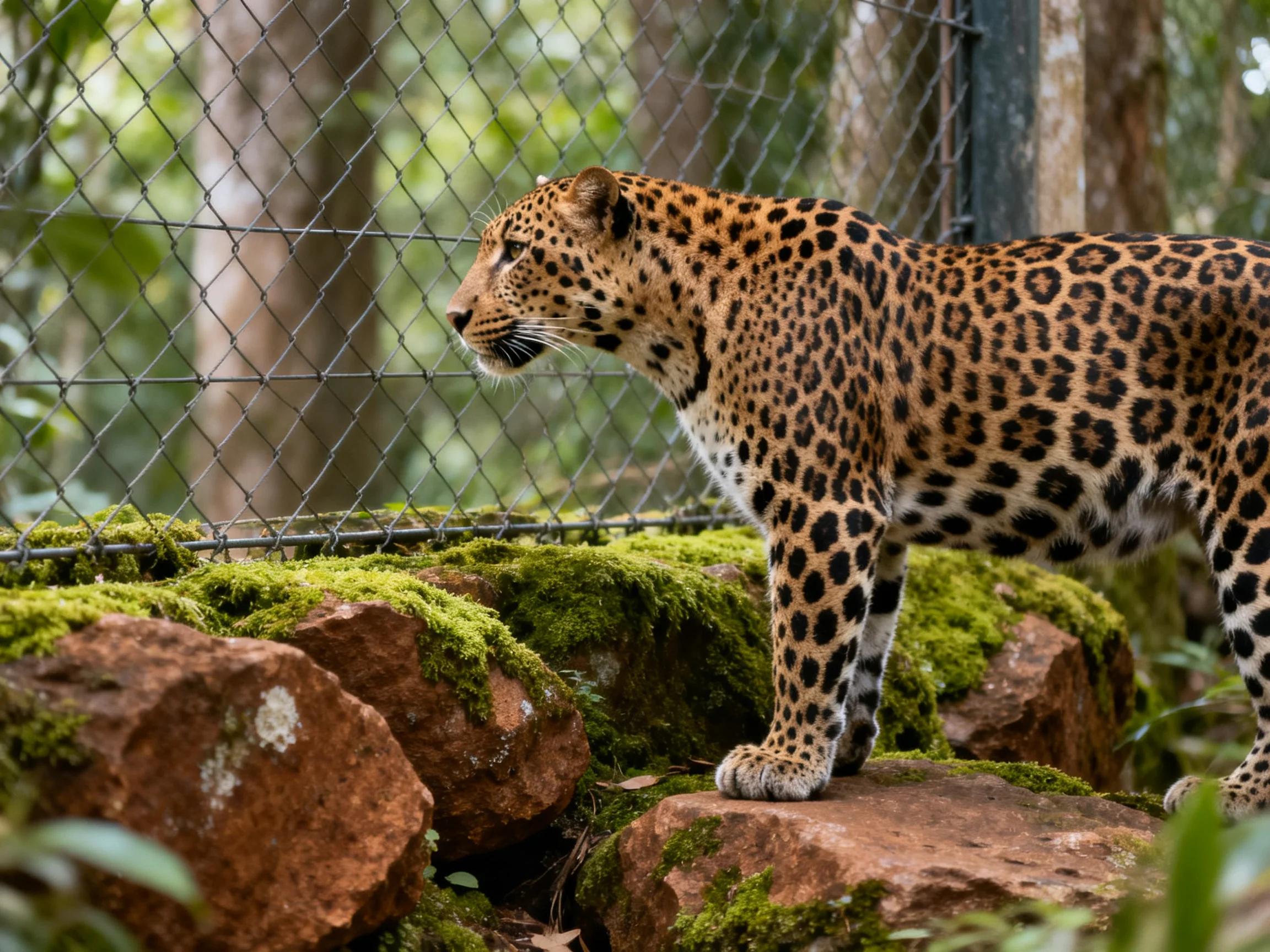 A leopard stands on mossy rocks next to a chain-link fence.