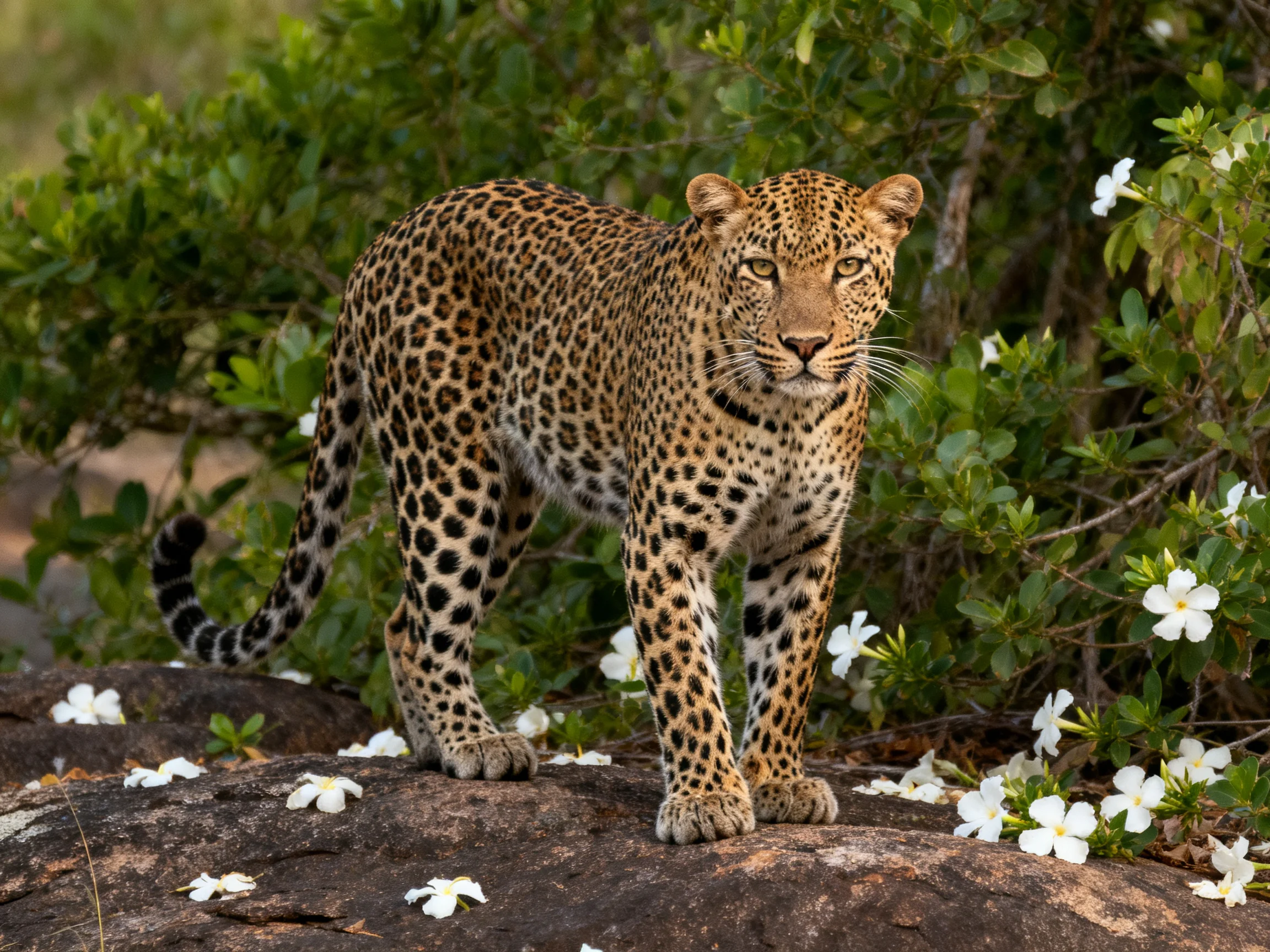 A leopard stands on rocks surrounded by white flowers and dense green foliage.