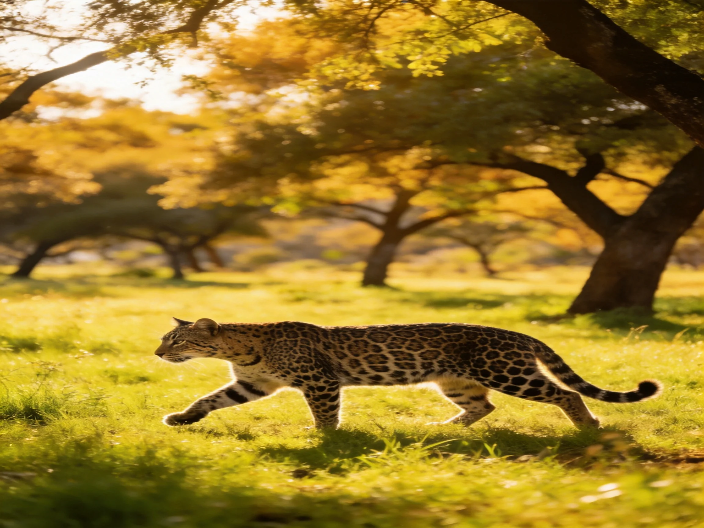 A leopard moves acrosssunlit grass near golden trees