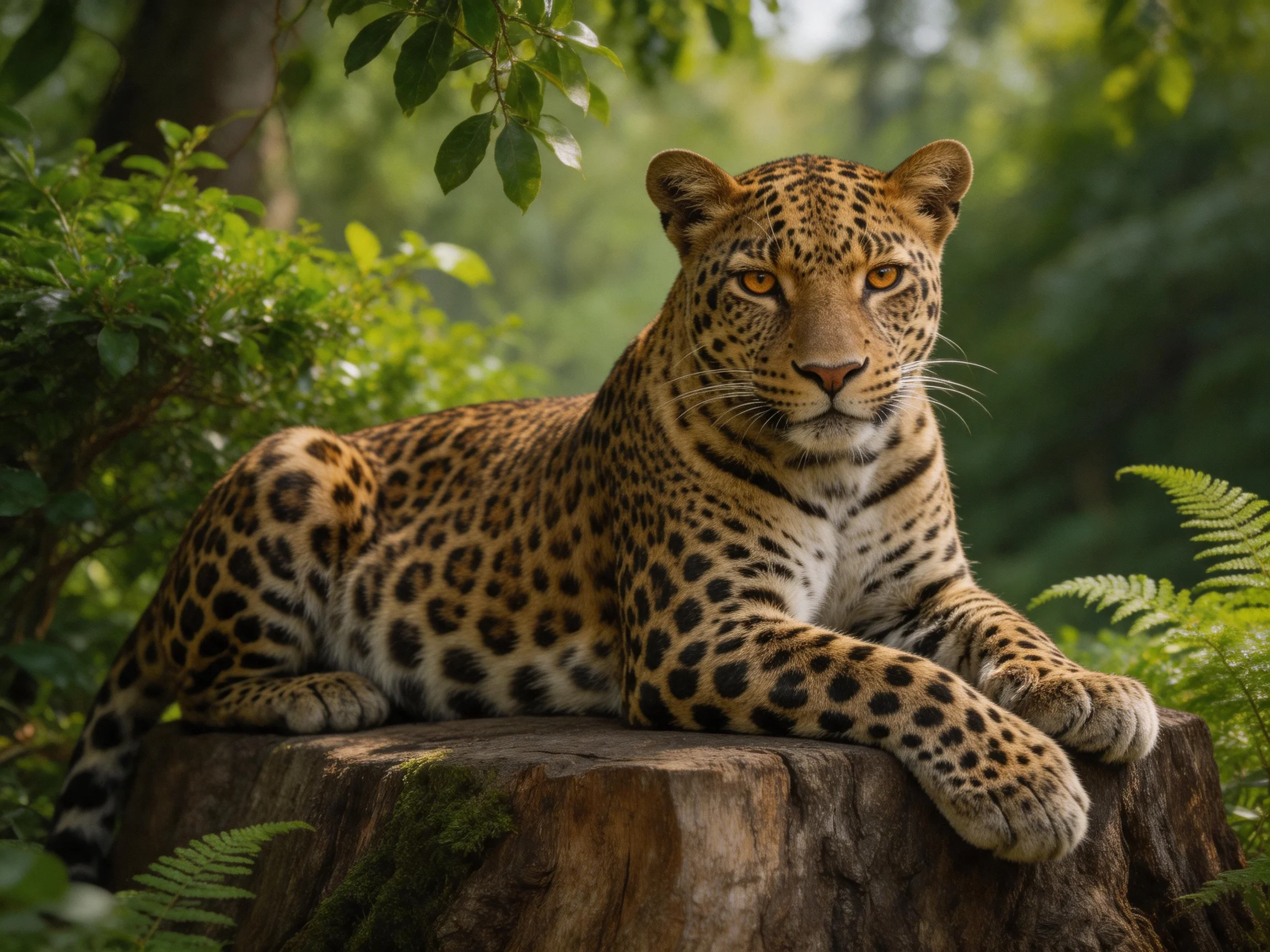 A leopard relaxes on a tree stump amid lush greenery