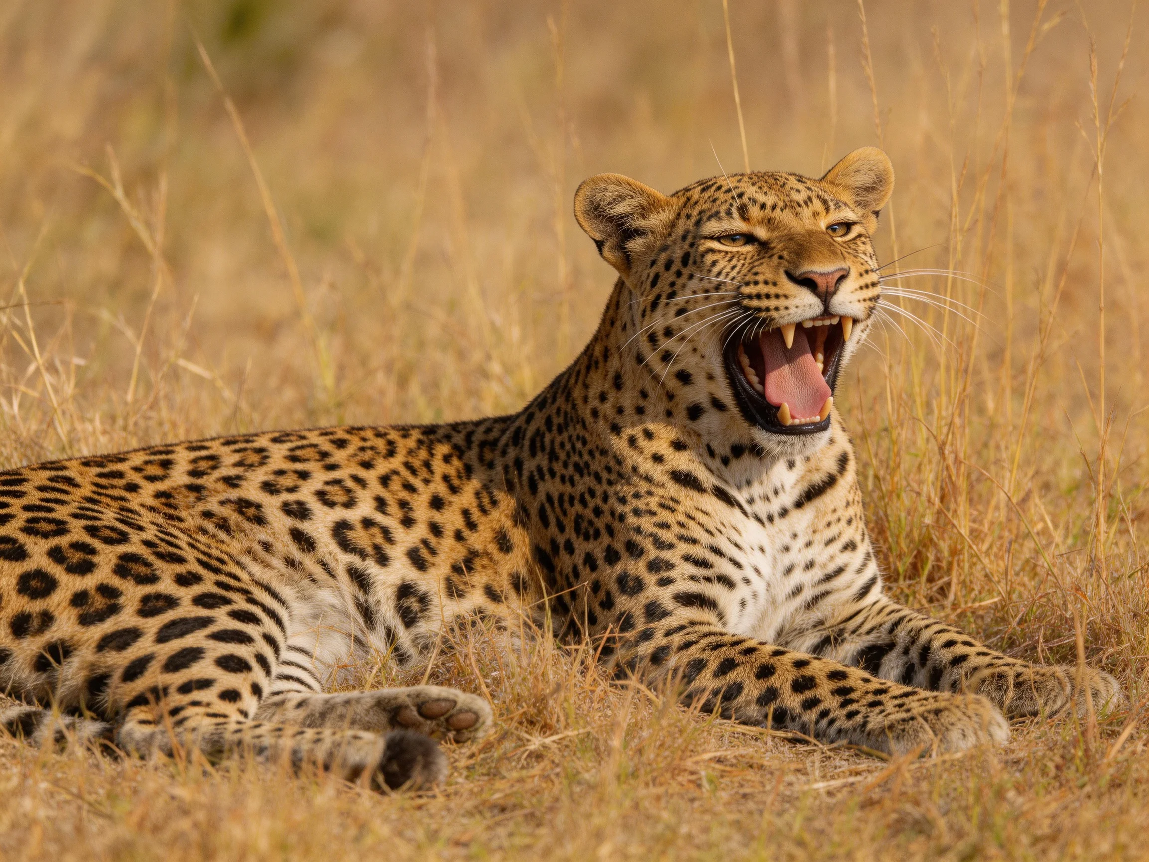 A leopard rests in golden savannah grass while yawning.