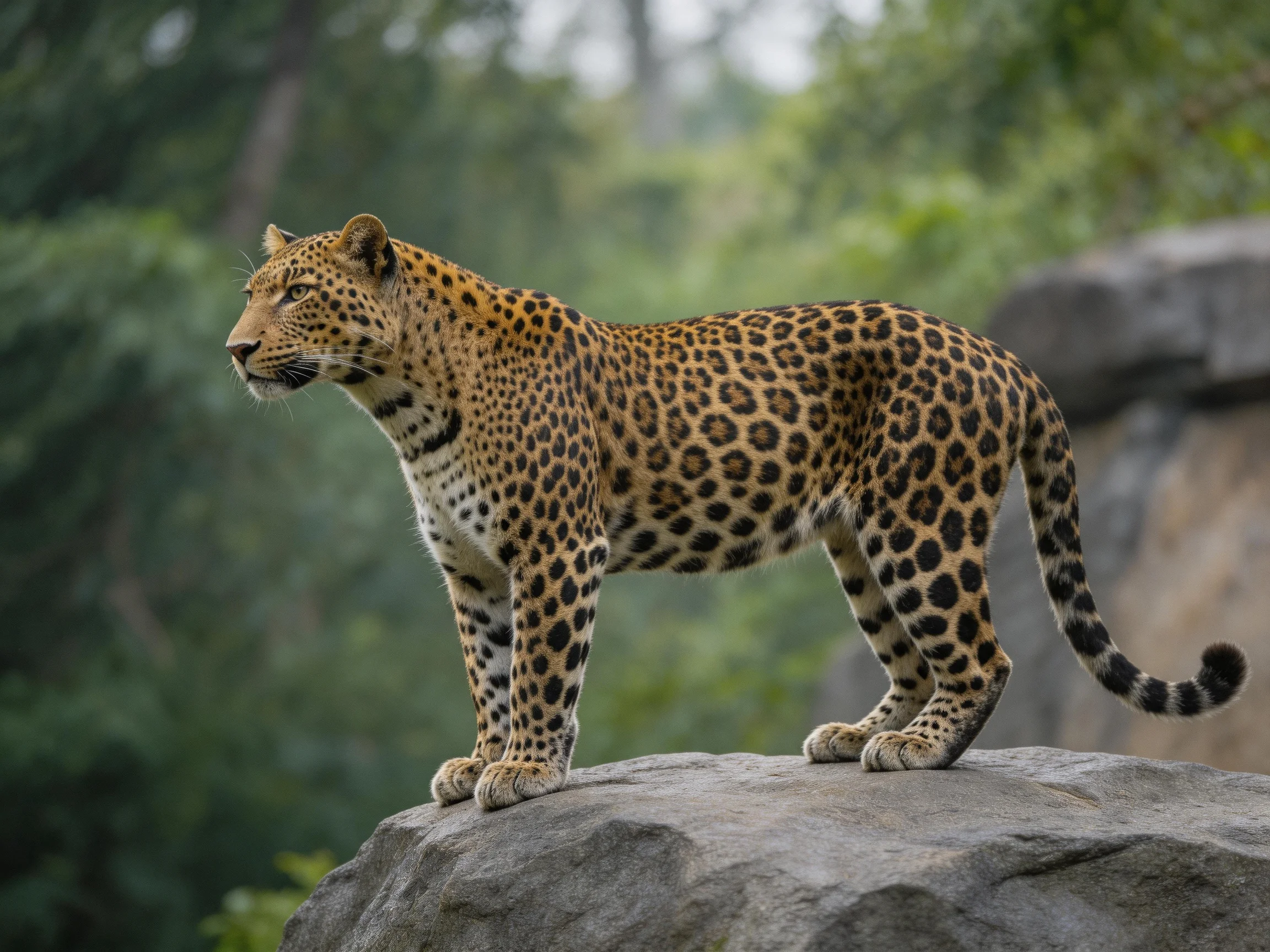 A leopard with black spots stands on a large rock near greenery.