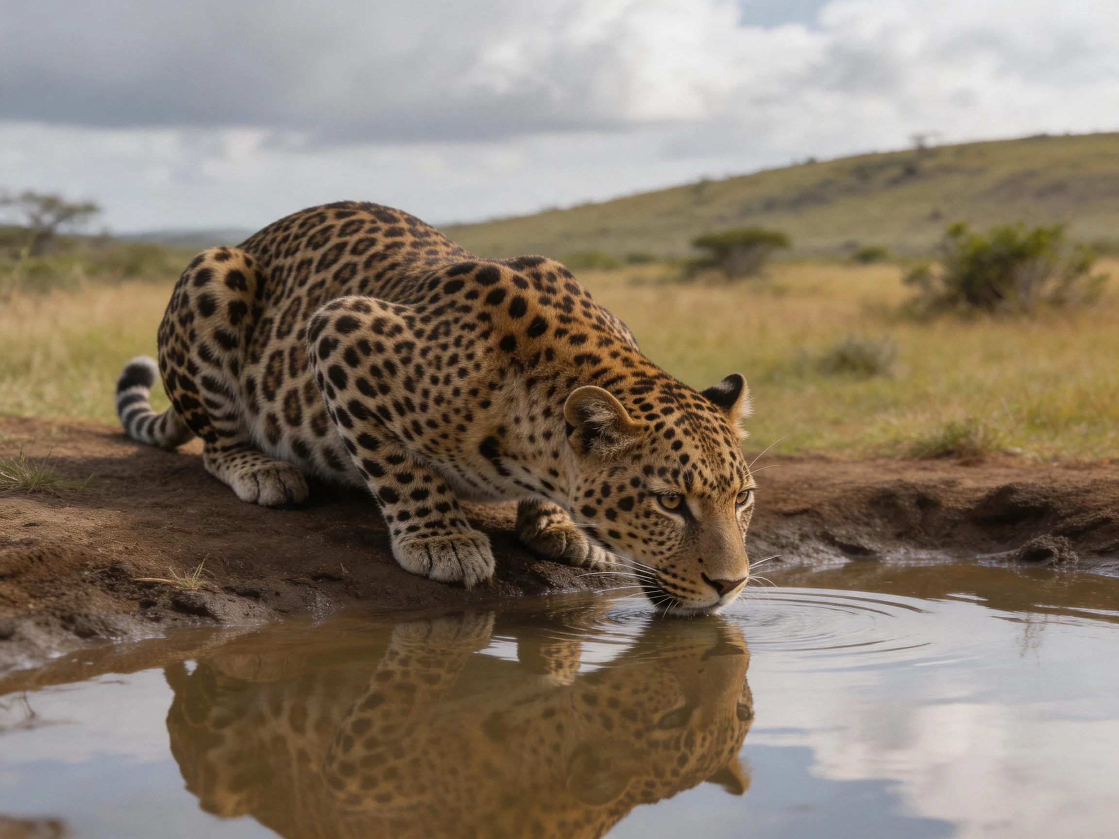 A leopard drinks water at a small pond in an open savannah.