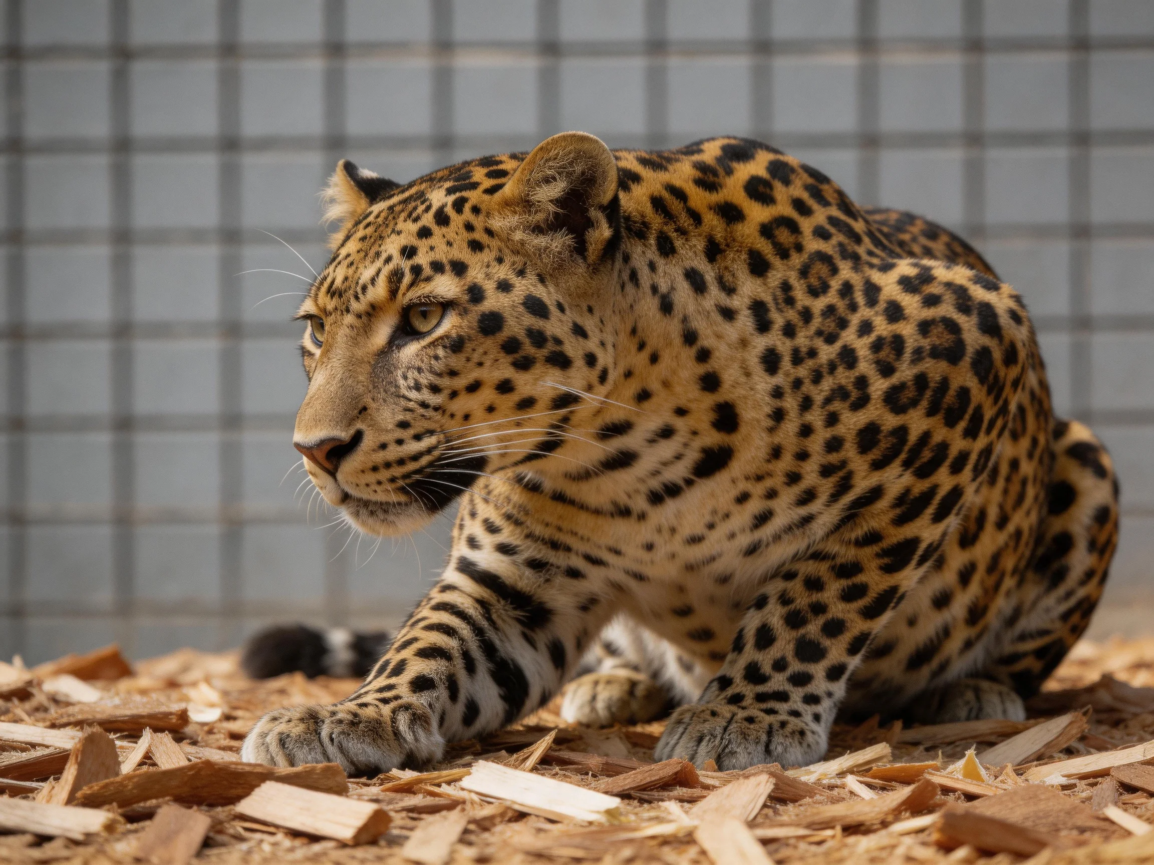 A leopard with spotted fur rests on wood chips beside a grid structure.