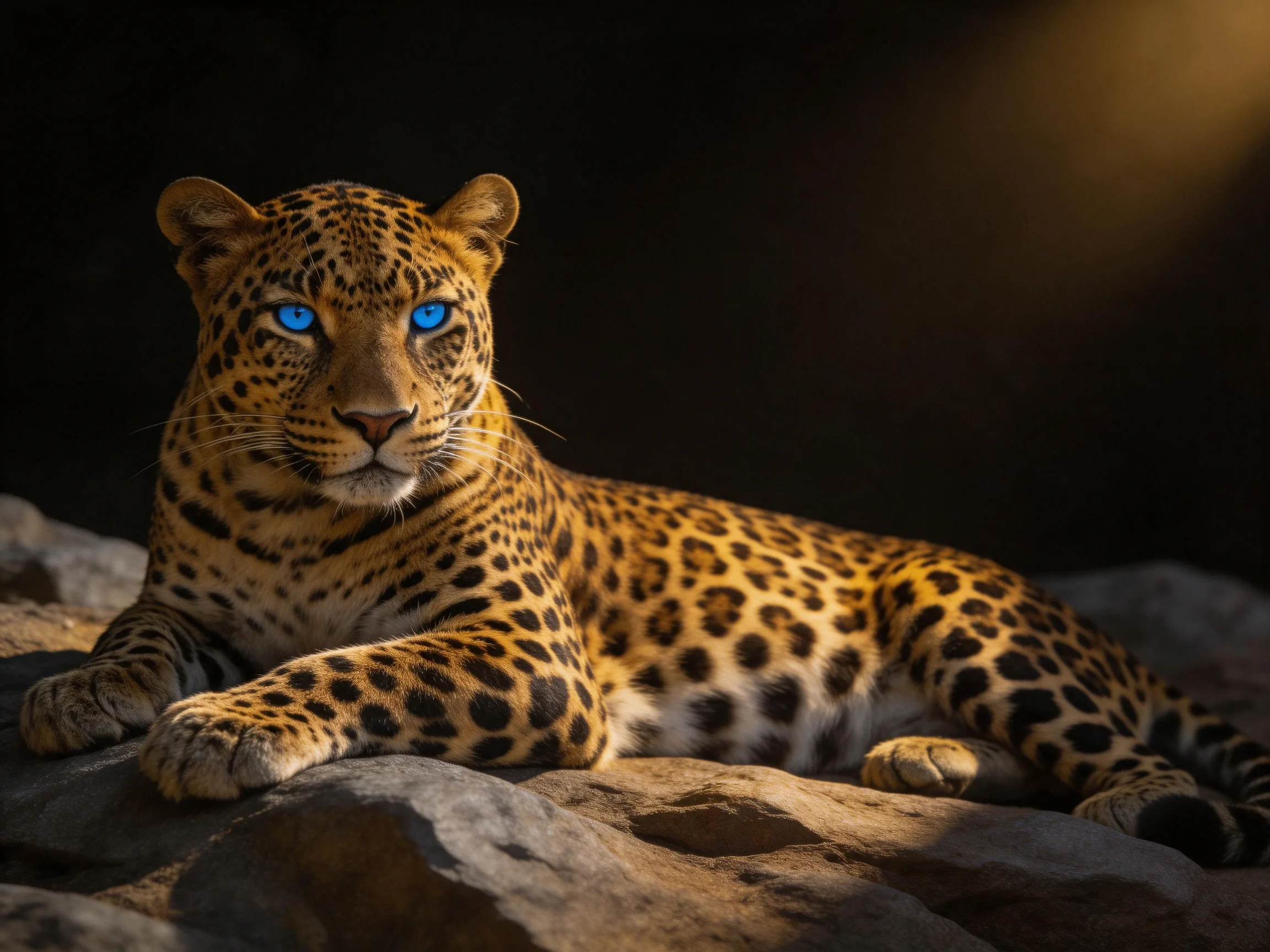 A leopard with blue eyes lies on rocks in a dark setting