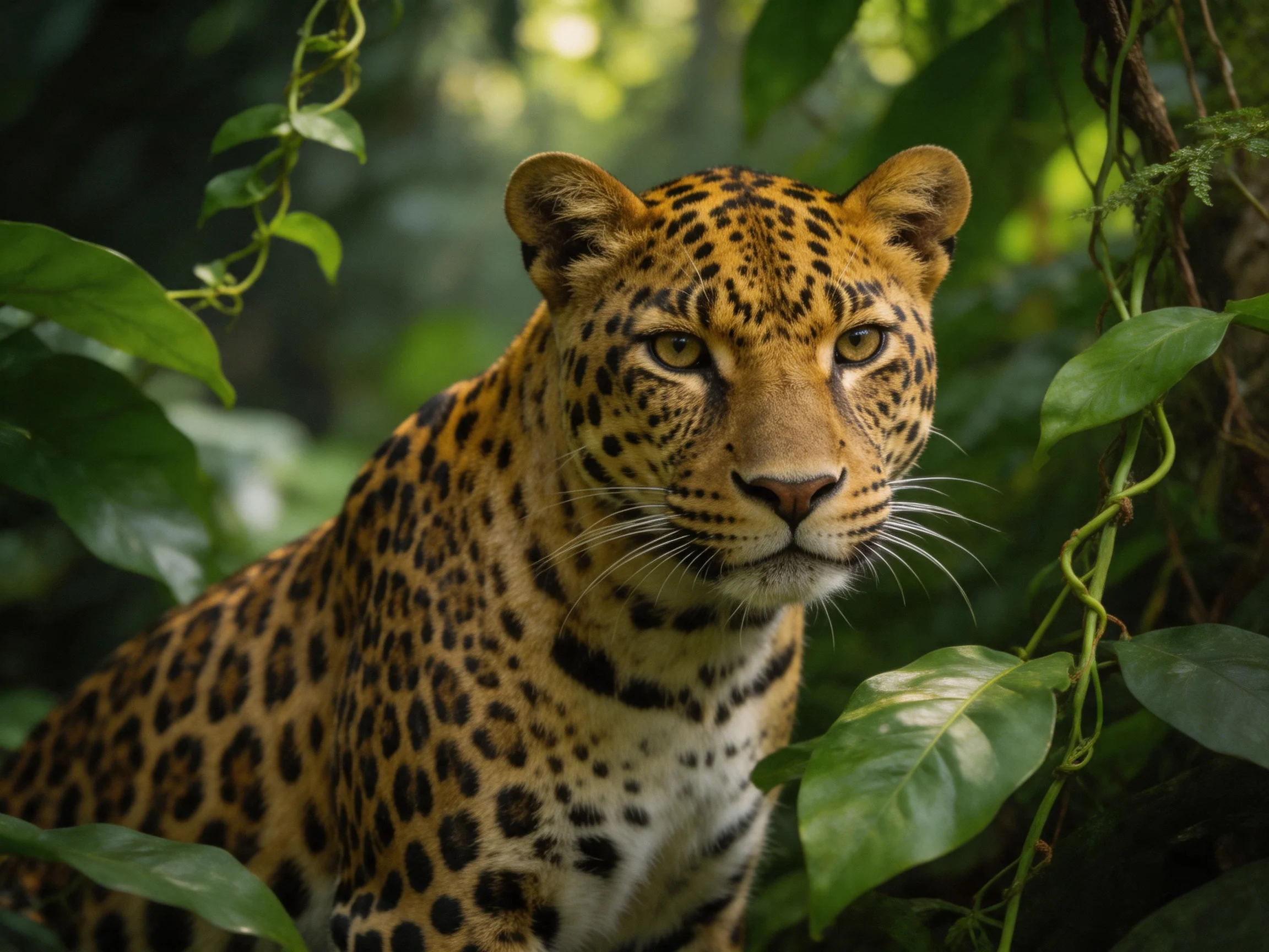 A leopard with spotted fur sits among dense green foliage in a sunlit