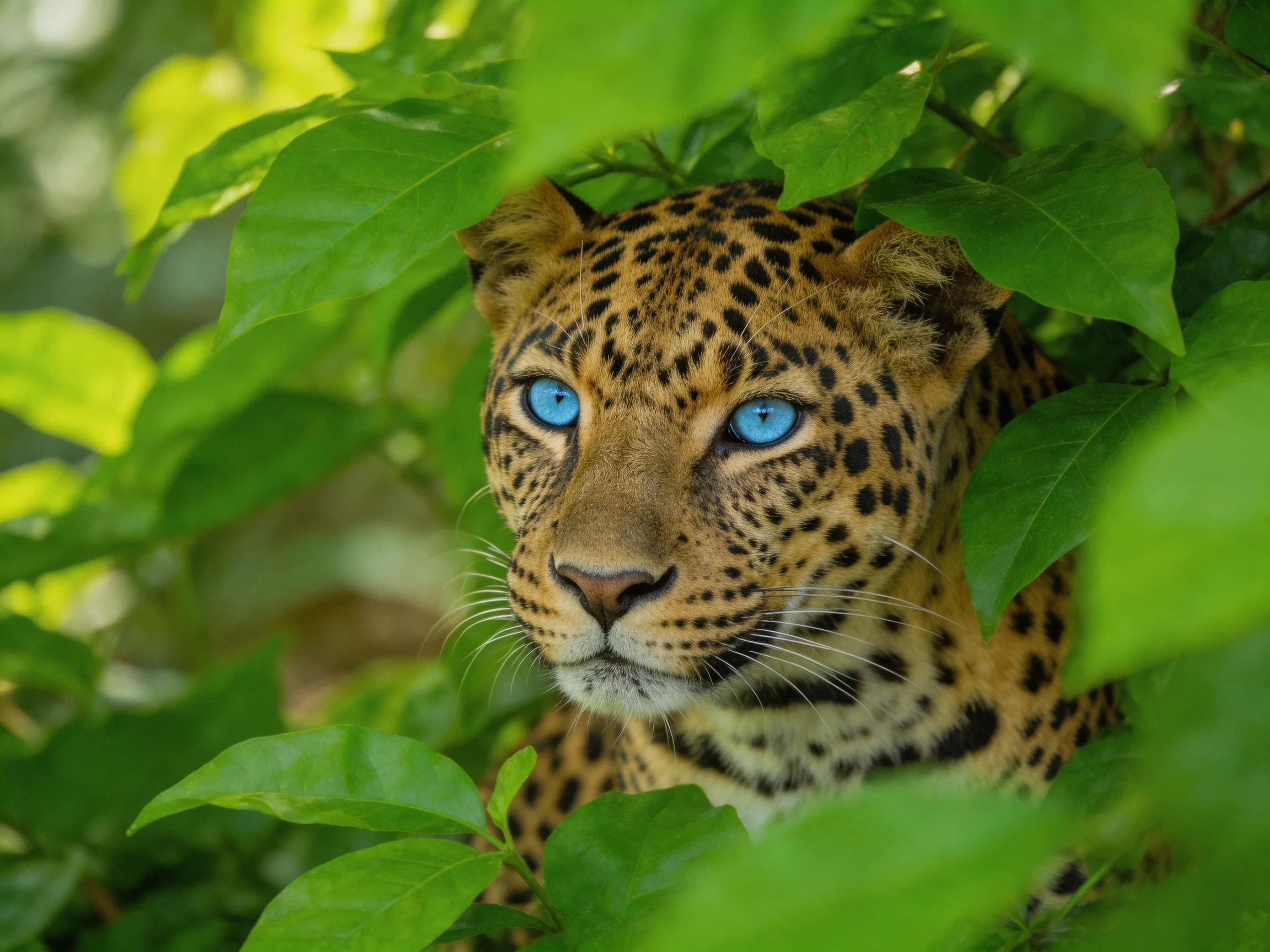 A leopard with bright blue eyes hides among lush green foliage