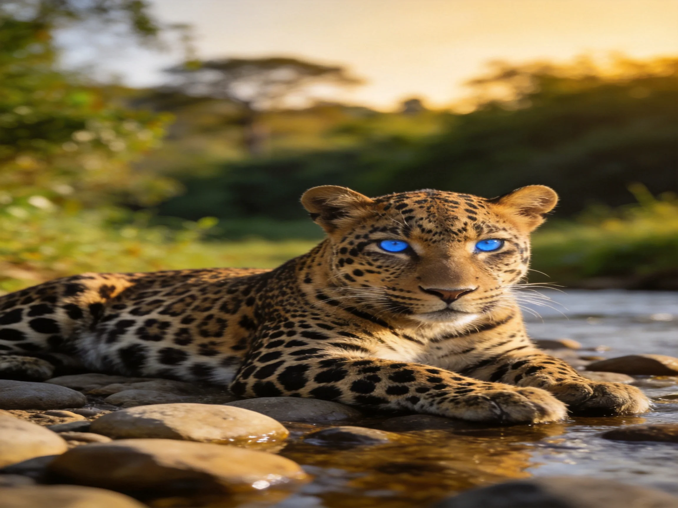 A leopard with bright blue eyes relaxes near a rocky stream in a sunlit environment.