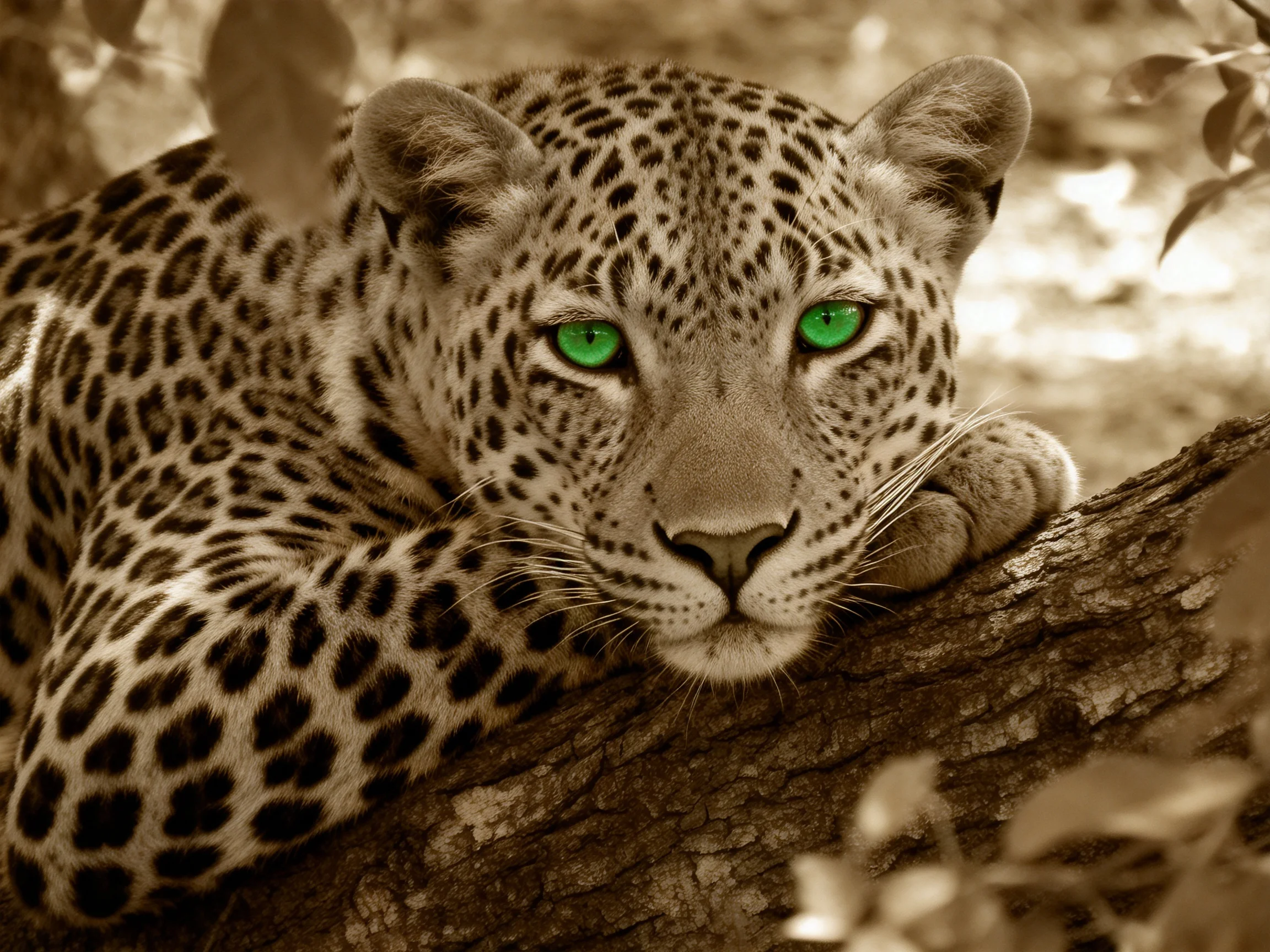 A leopard with vivid green eyes relaxes on a tree trunk amid foliage