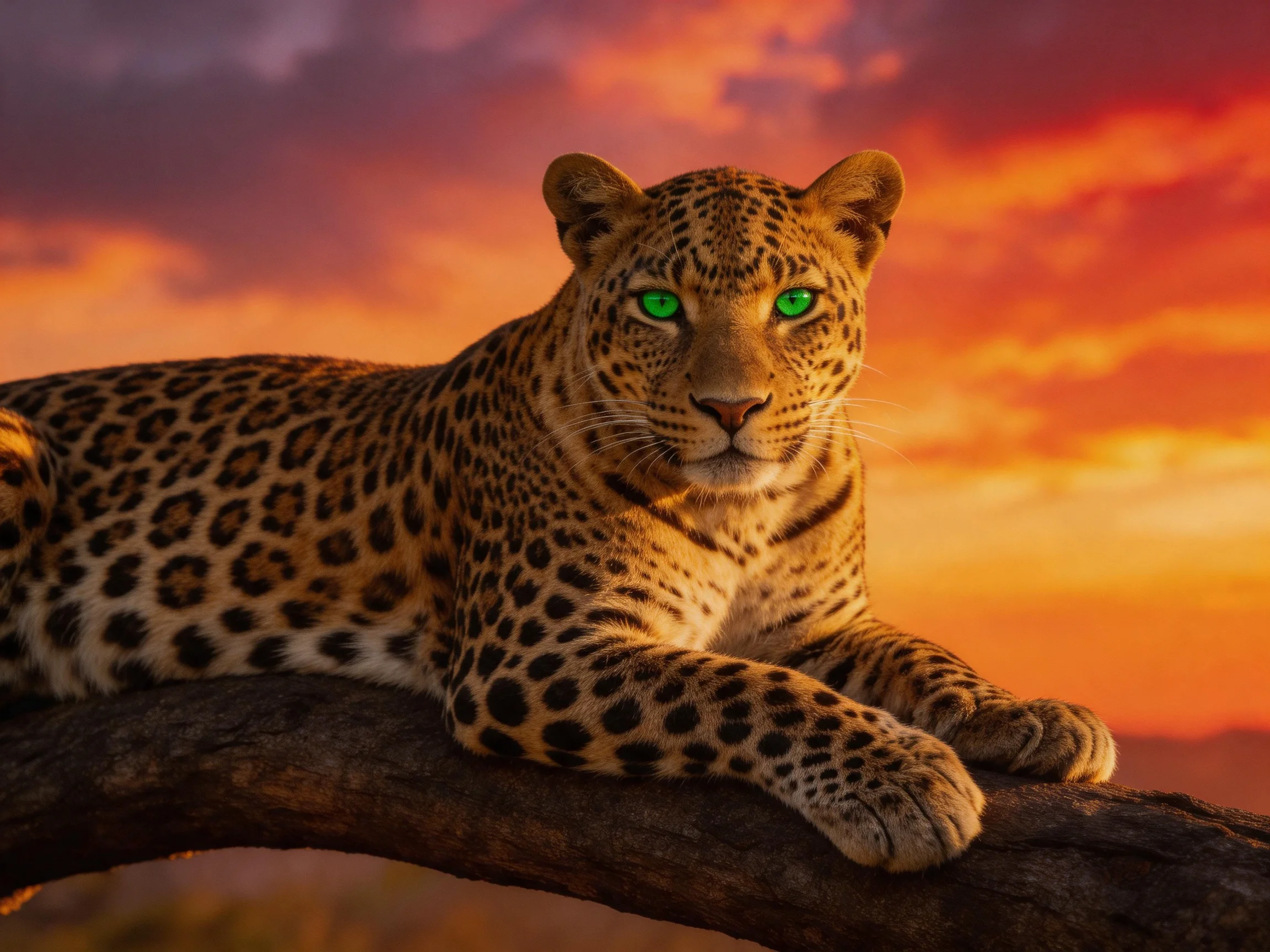 A leopard with green eyes relaxes on a tree branch during a colorful sunset.