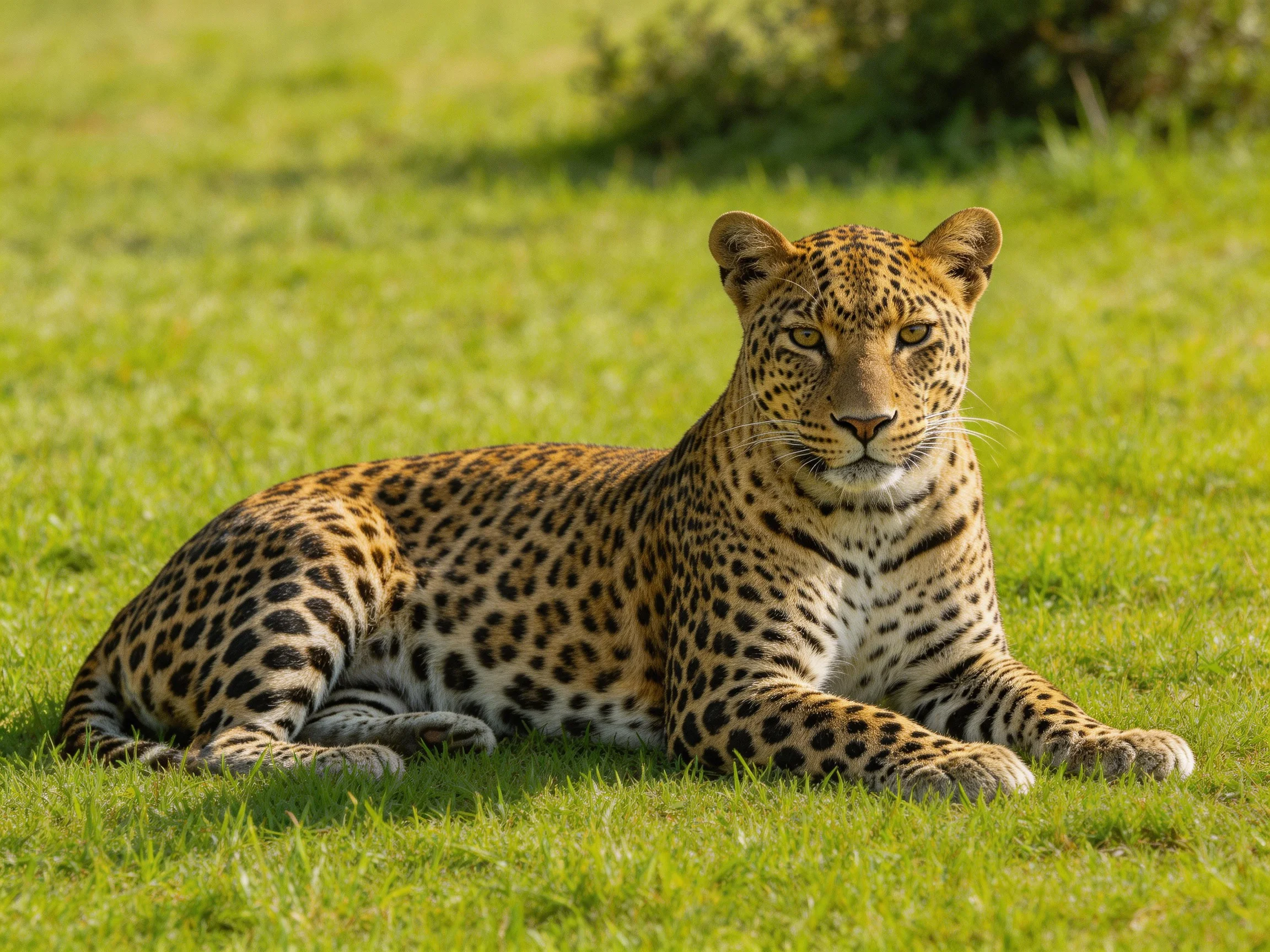 A leopard with brown and black spots relaxes on green grass