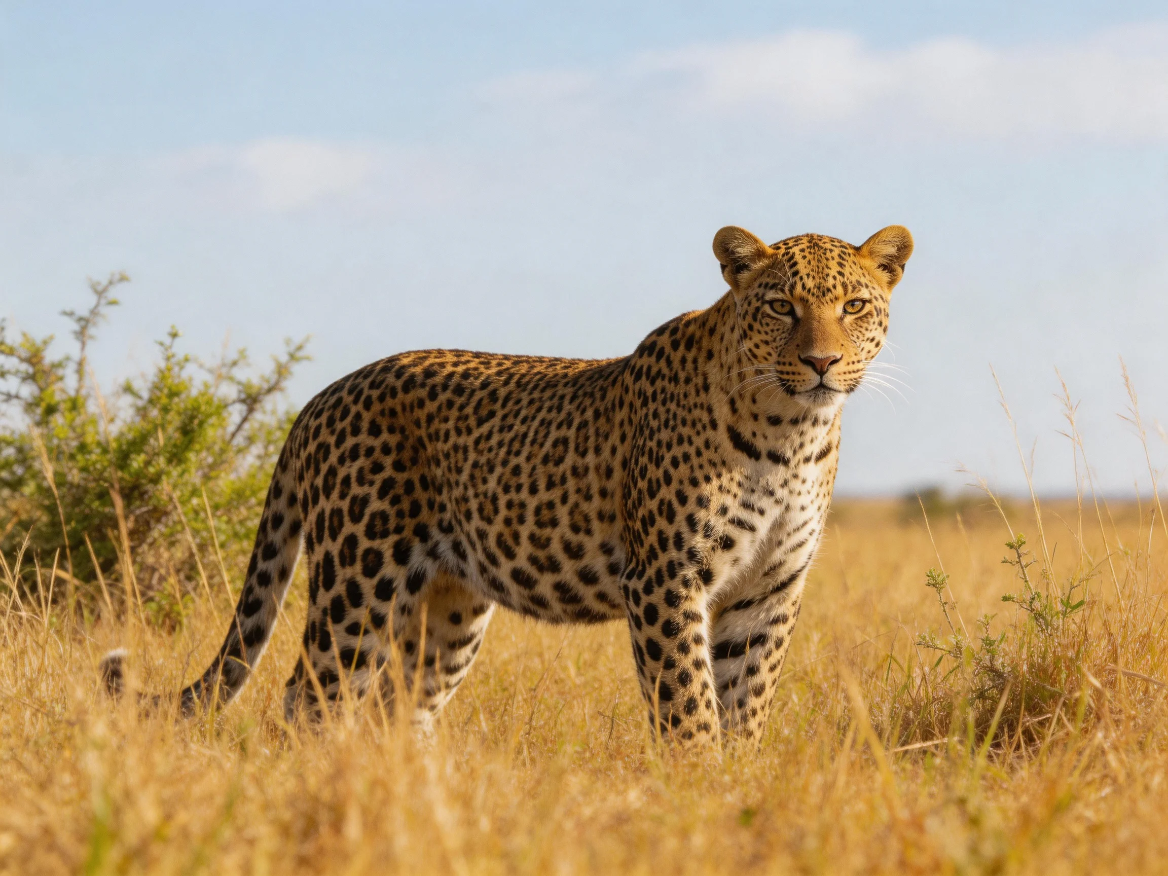 A leopard with a spotted coat roams through golden savannah grass.