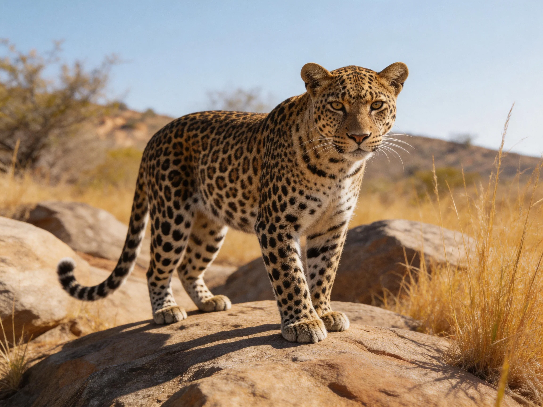 A leopard with distinct spots stands on rocks in an arid, grassy landscape.