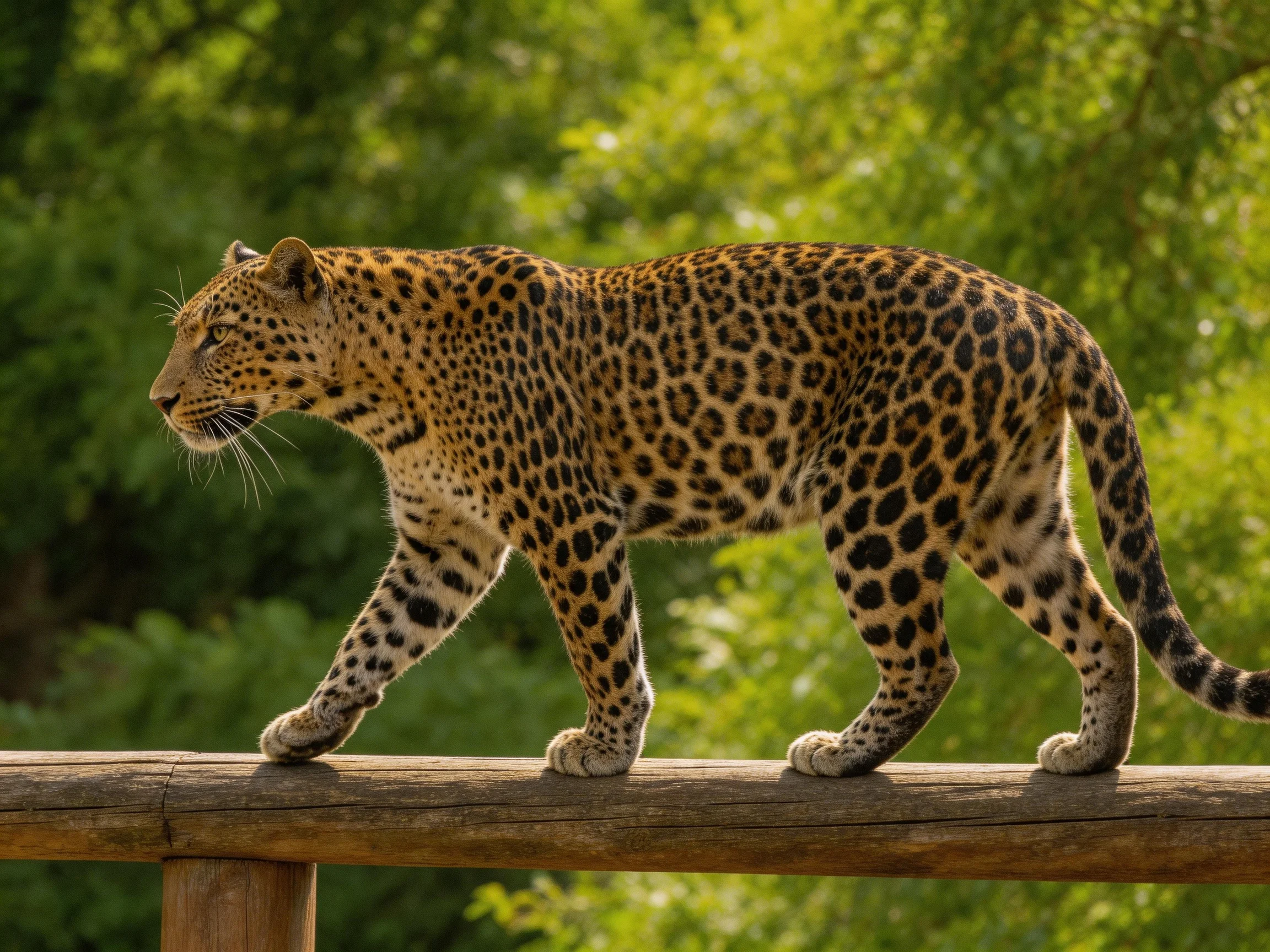 A leopard with brown and black spotted fur walks along a wooden beam in a verdant, leafy setting.