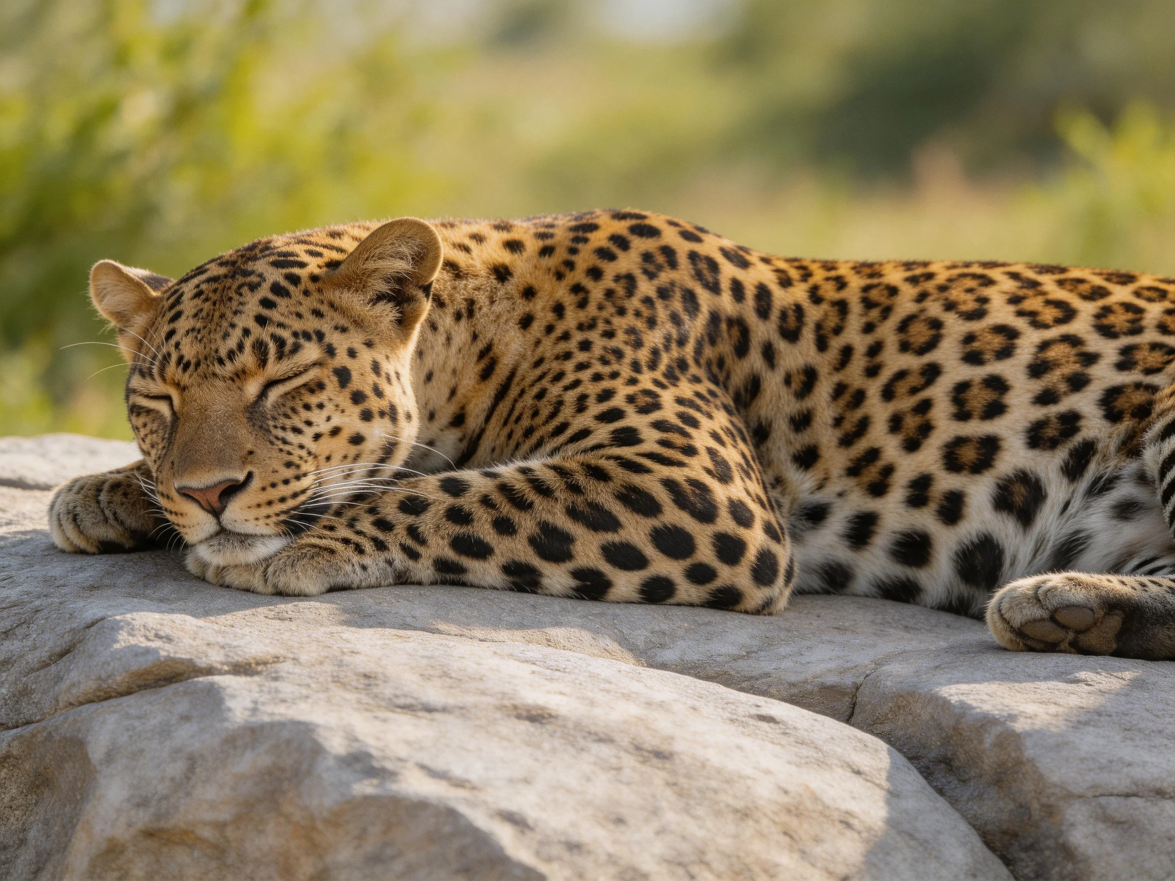 A leopard with dark spots rests on a rock in a natural environment