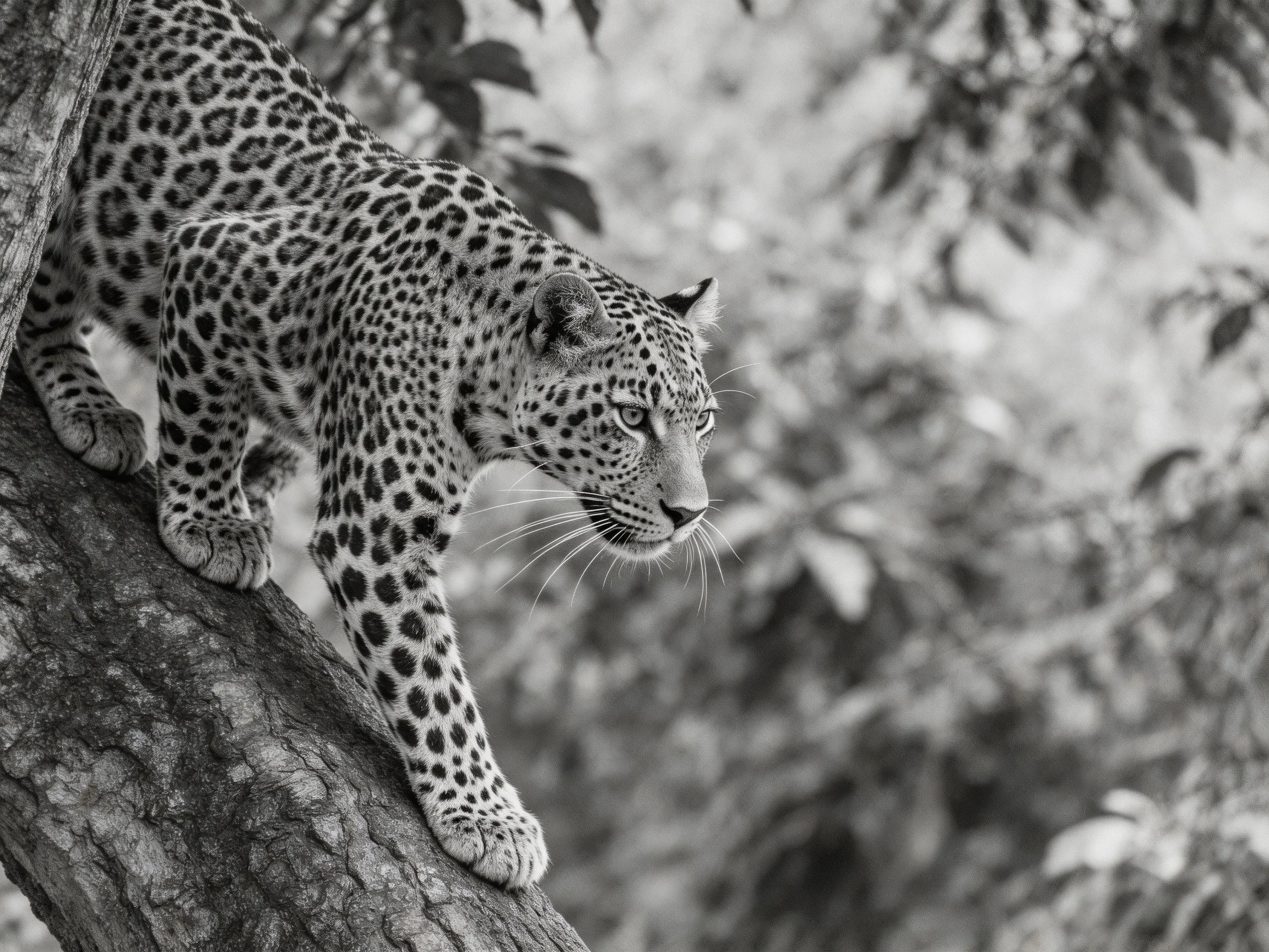 A leopard with distinctive spotted fur climbing a large tree