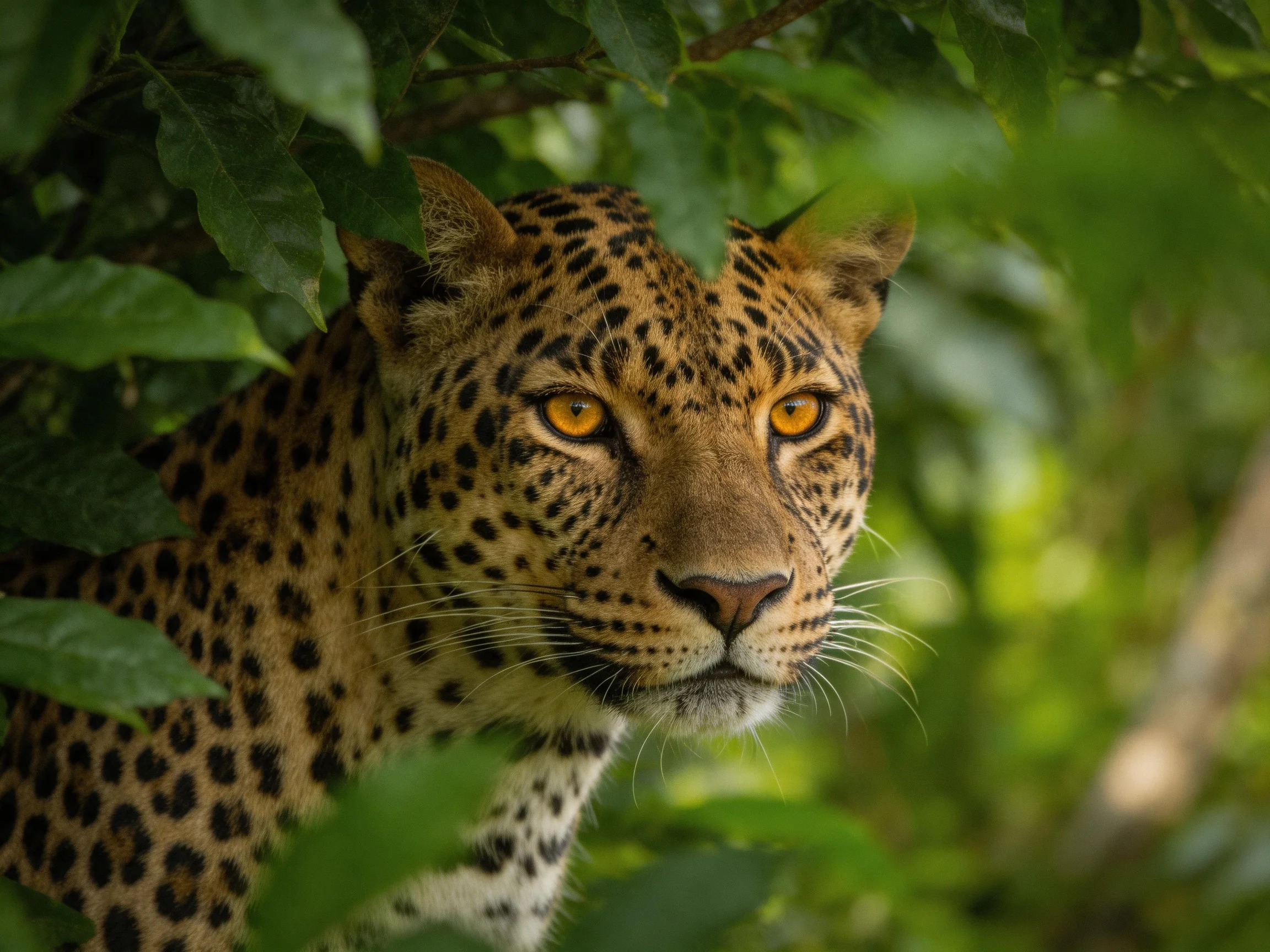A leopard with golden eyes blends into lush greenery.