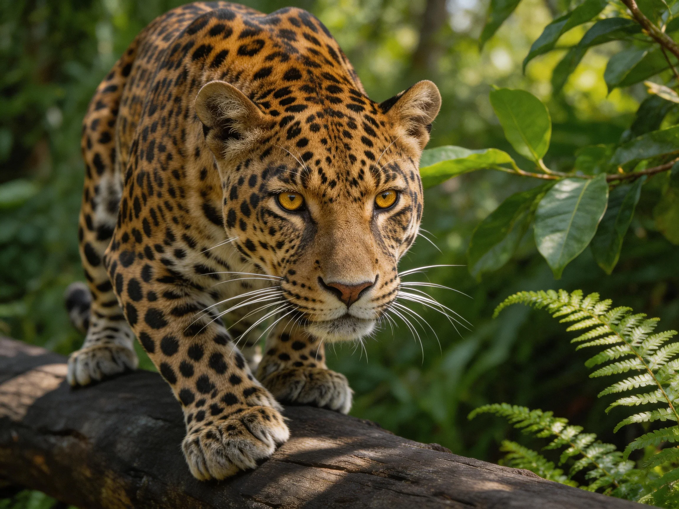 A leopard climbs a log in a lush green forest setting.